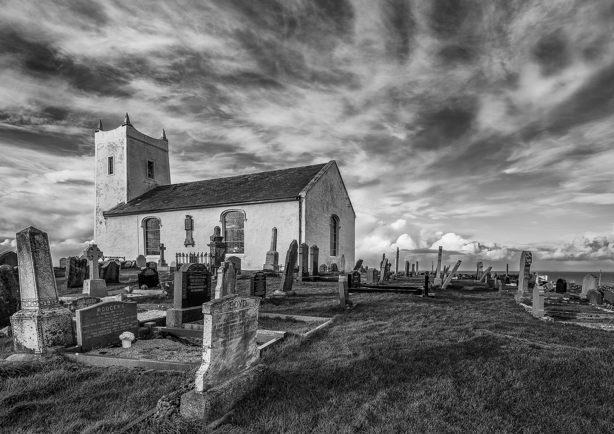 Download mobile wallpaper Sky, Cloud, Church, Churches, Black & White, Religious, Cemetery, Graveyard for free.
