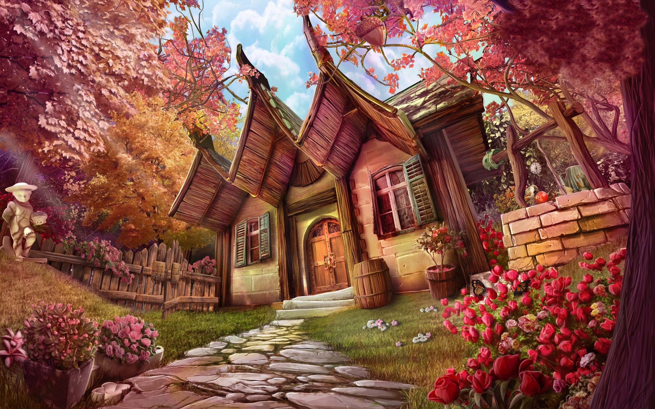 Free download wallpaper Fantasy, Flower, Tree, House, Path on your PC desktop