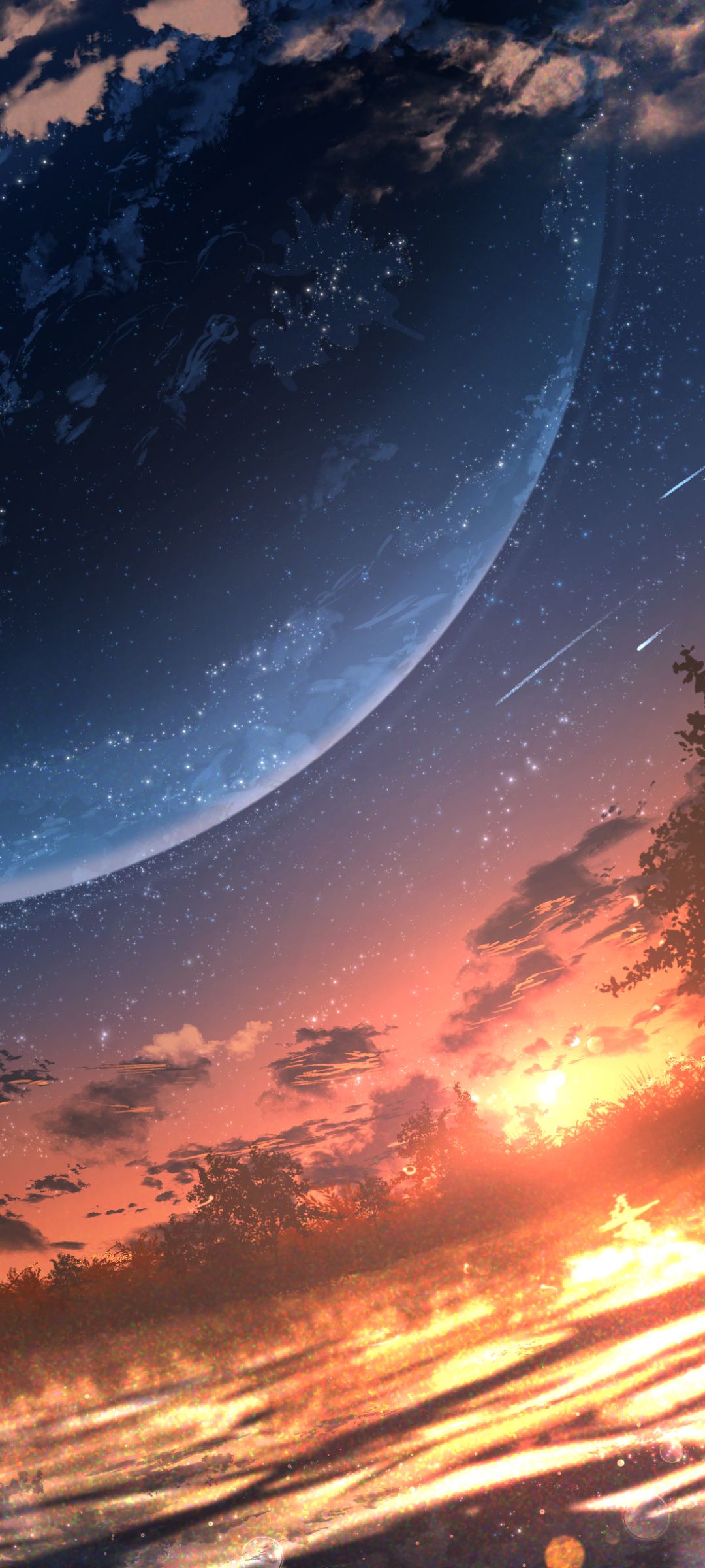 Download mobile wallpaper Anime, Sunset, Lake, Starry Sky, Planet, Shooting Star for free.