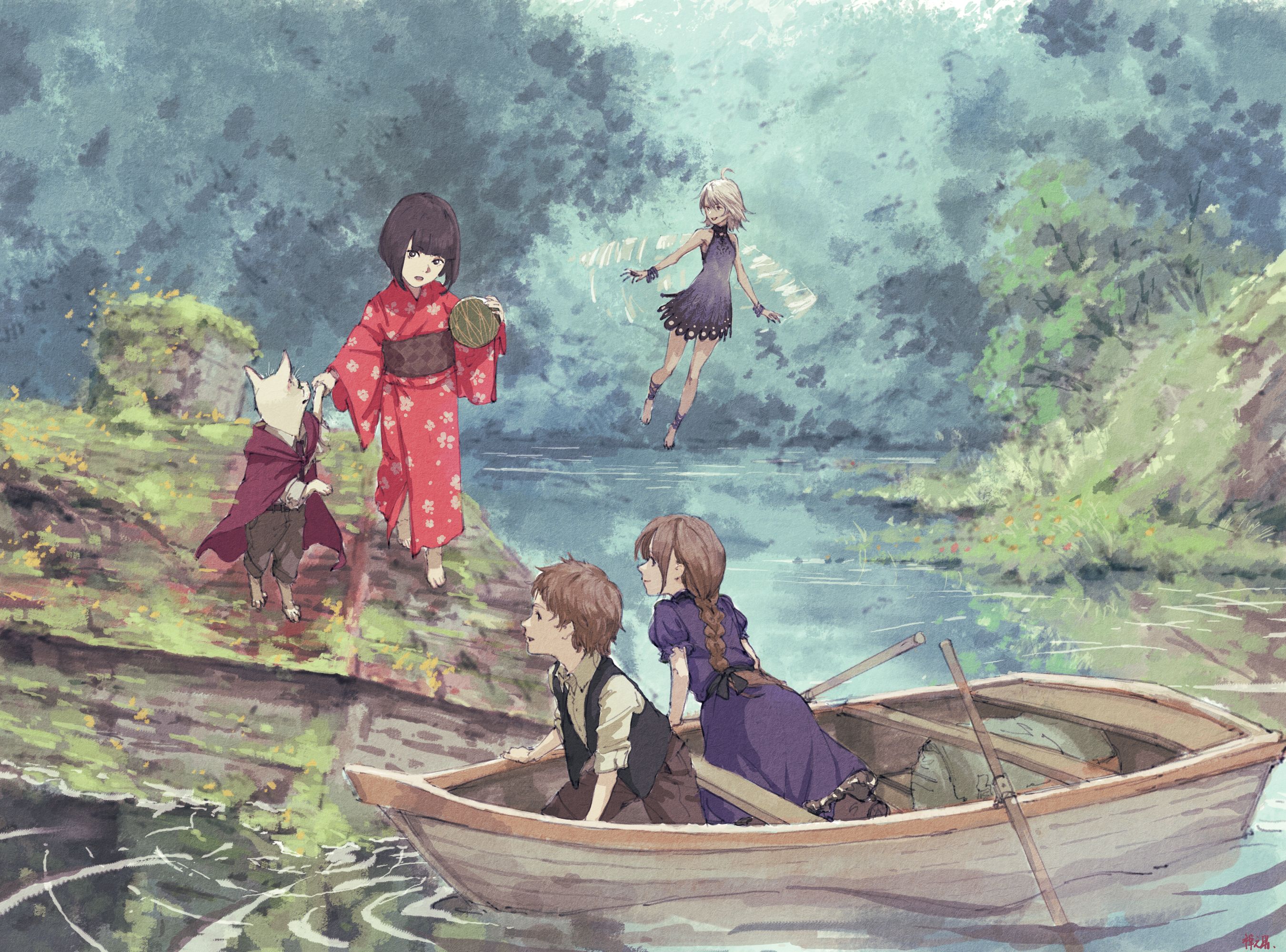 Handy-Wallpaper Natur, Fantasie, Fluss, Boot, Kimono, Fee, Original, Animes kostenlos herunterladen.