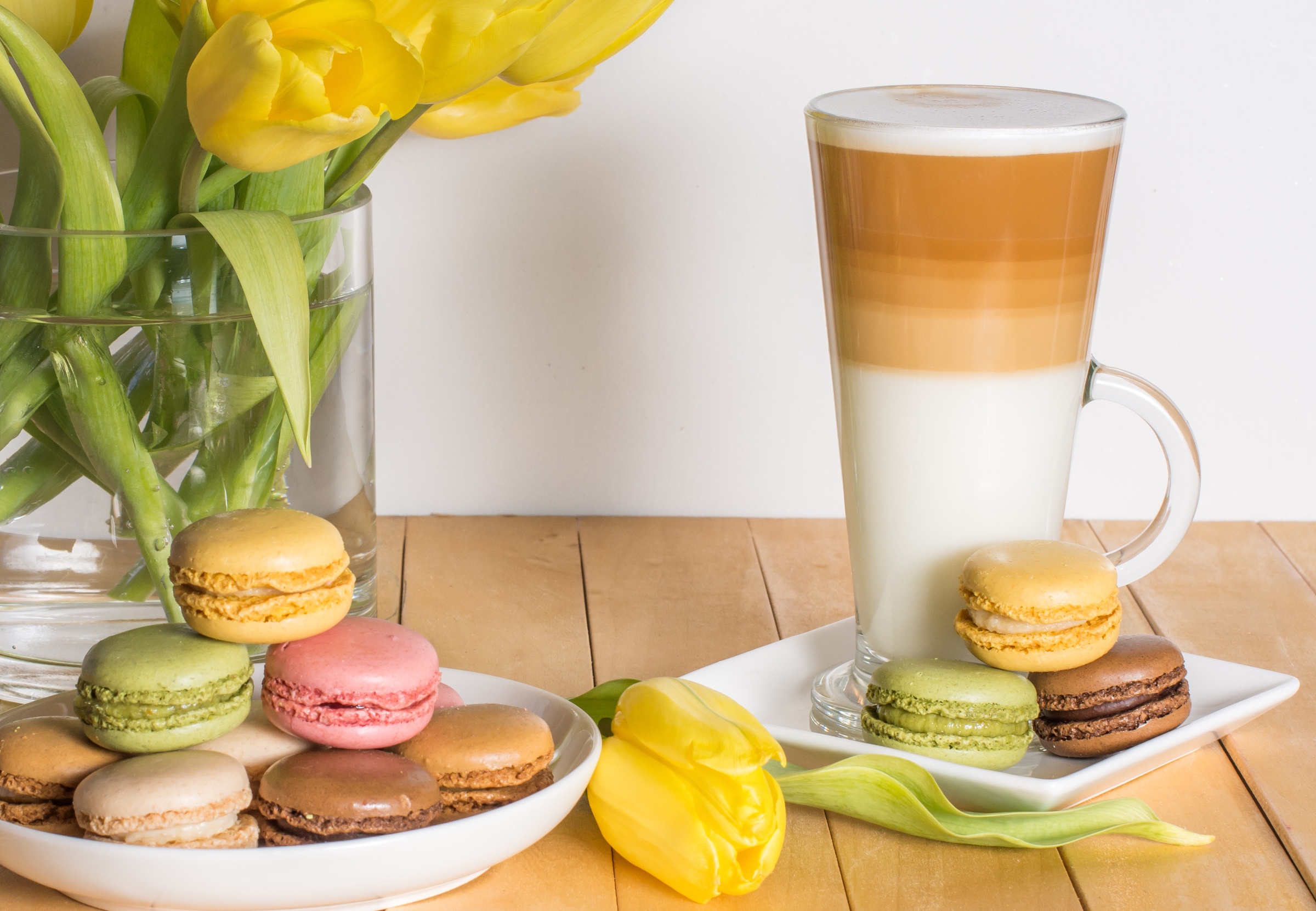 Download mobile wallpaper Food, Still Life, Flower, Colors, Drink, Tulip, Yellow Flower, Macaron for free.