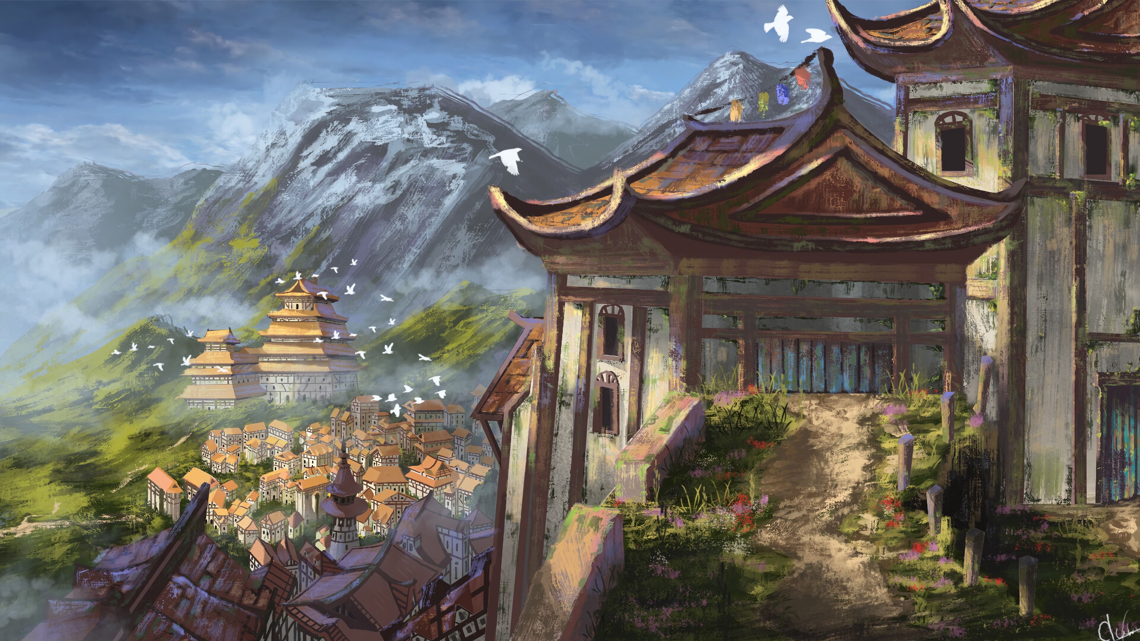 Free download wallpaper Art, Building, Rocks, City, Pagoda, Temple on your PC desktop