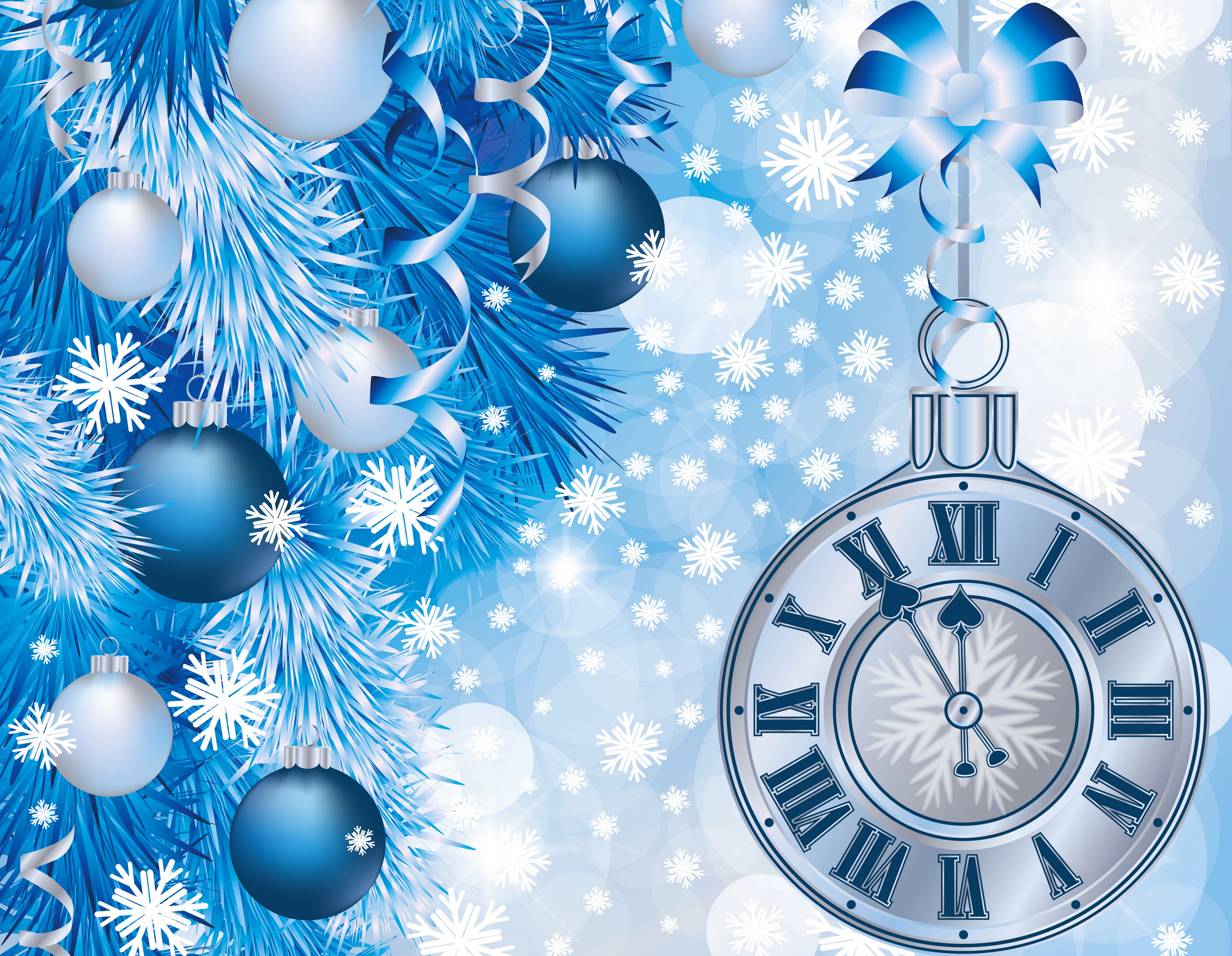 Download mobile wallpaper New Year, Clock, Holiday, Snowflake, Christmas Ornaments for free.