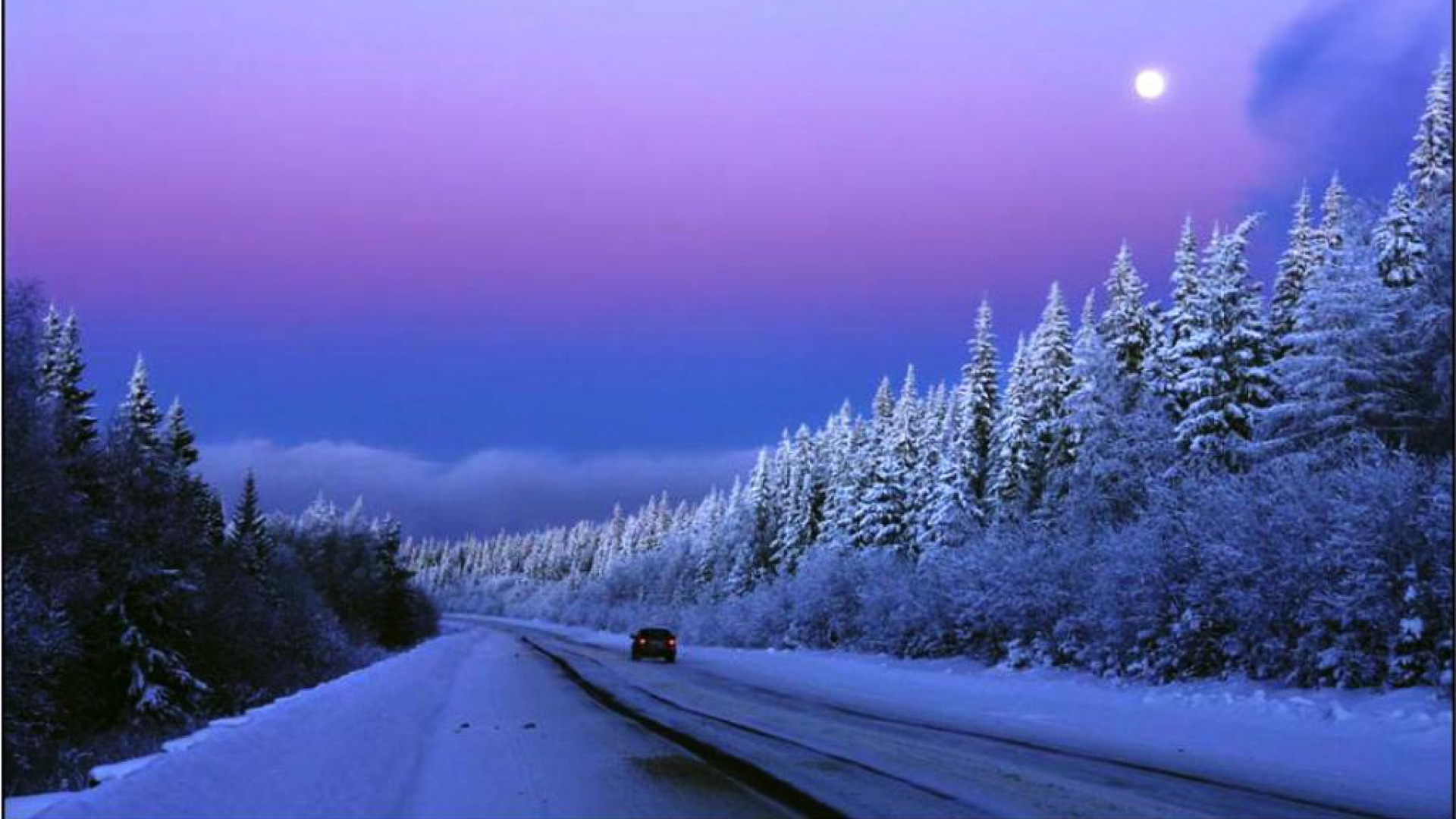 PCデスクトップに冬, 日没, ピンク, 雪, 道, 車, 月, 紫の, マンメイド画像を無料でダウンロード