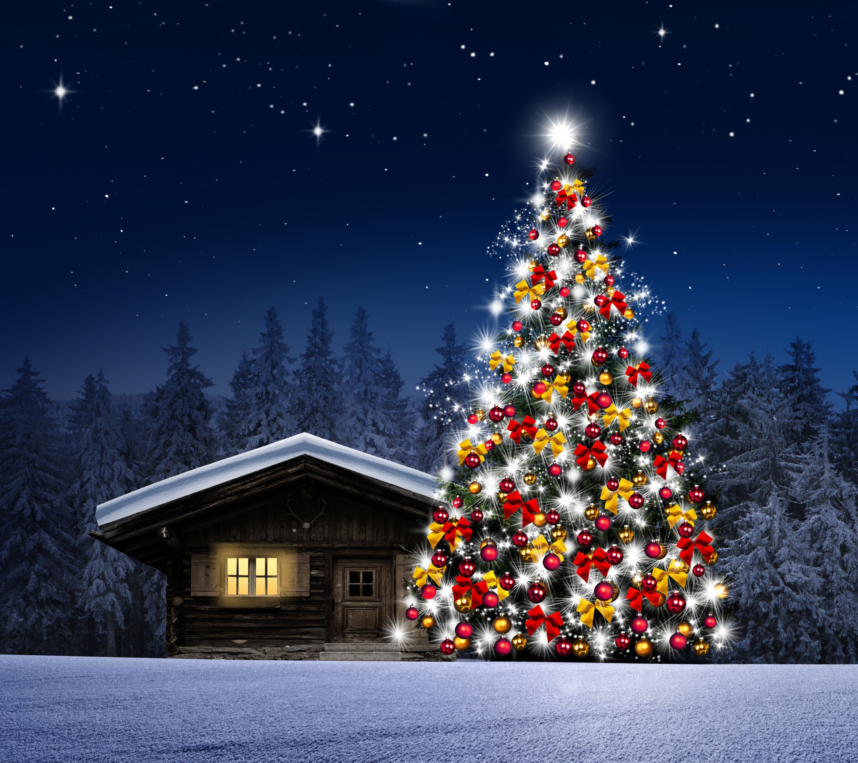 Free download wallpaper Snow, Christmas, Holiday, Christmas Tree, Cabin on your PC desktop