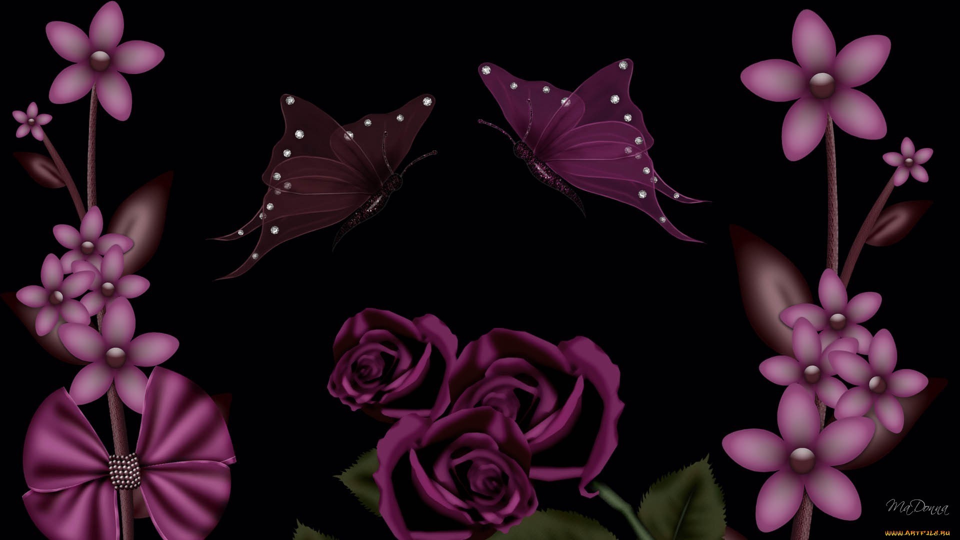 background, butterflies, black, flowers