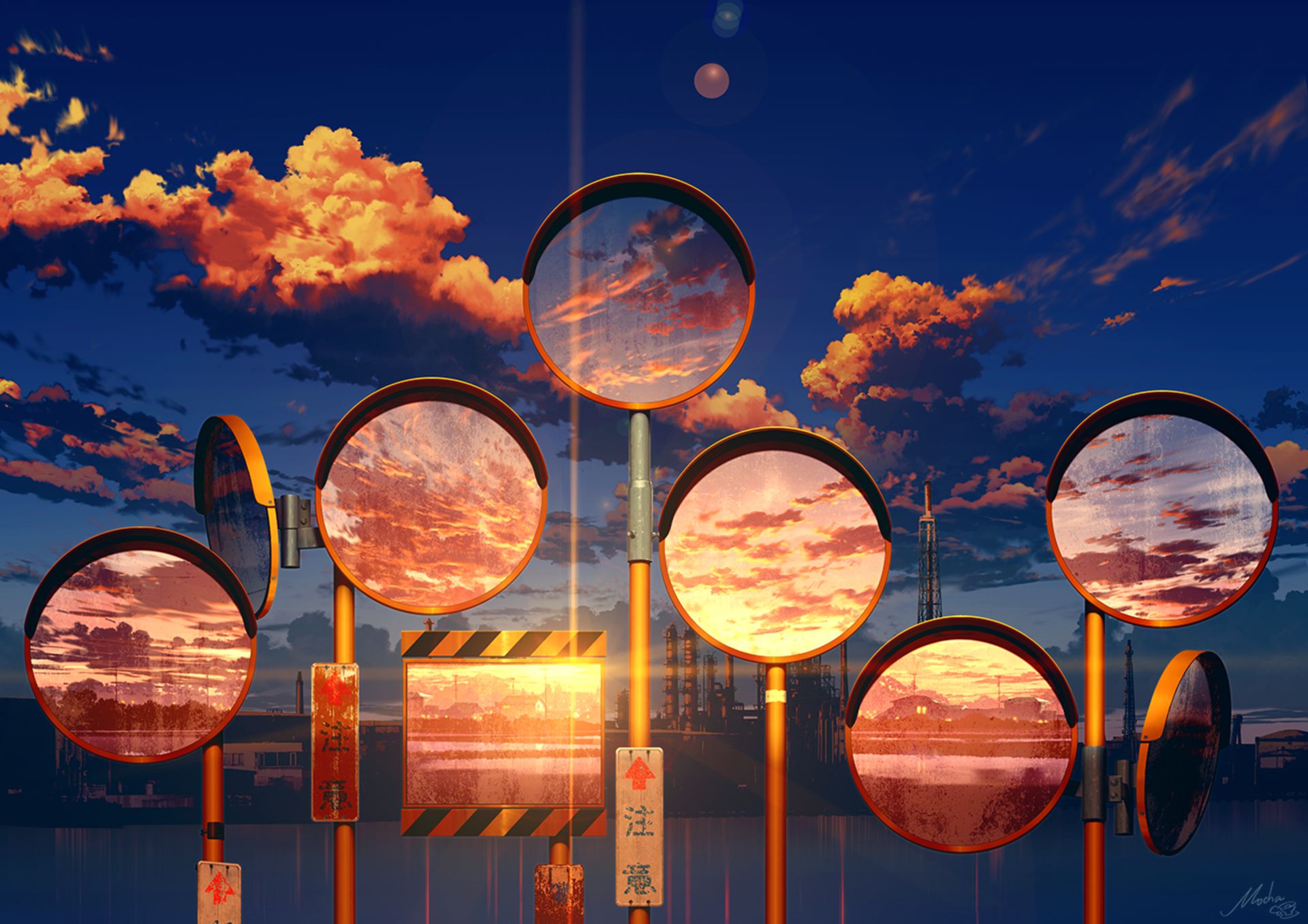 Download mobile wallpaper Anime, Sunset, Sky, Cloud, Mirror for free.