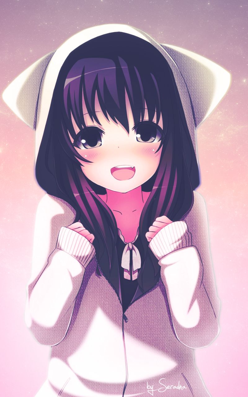 Download mobile wallpaper Anime, Smile, Girl, Hood, Sweater, Blush for free.