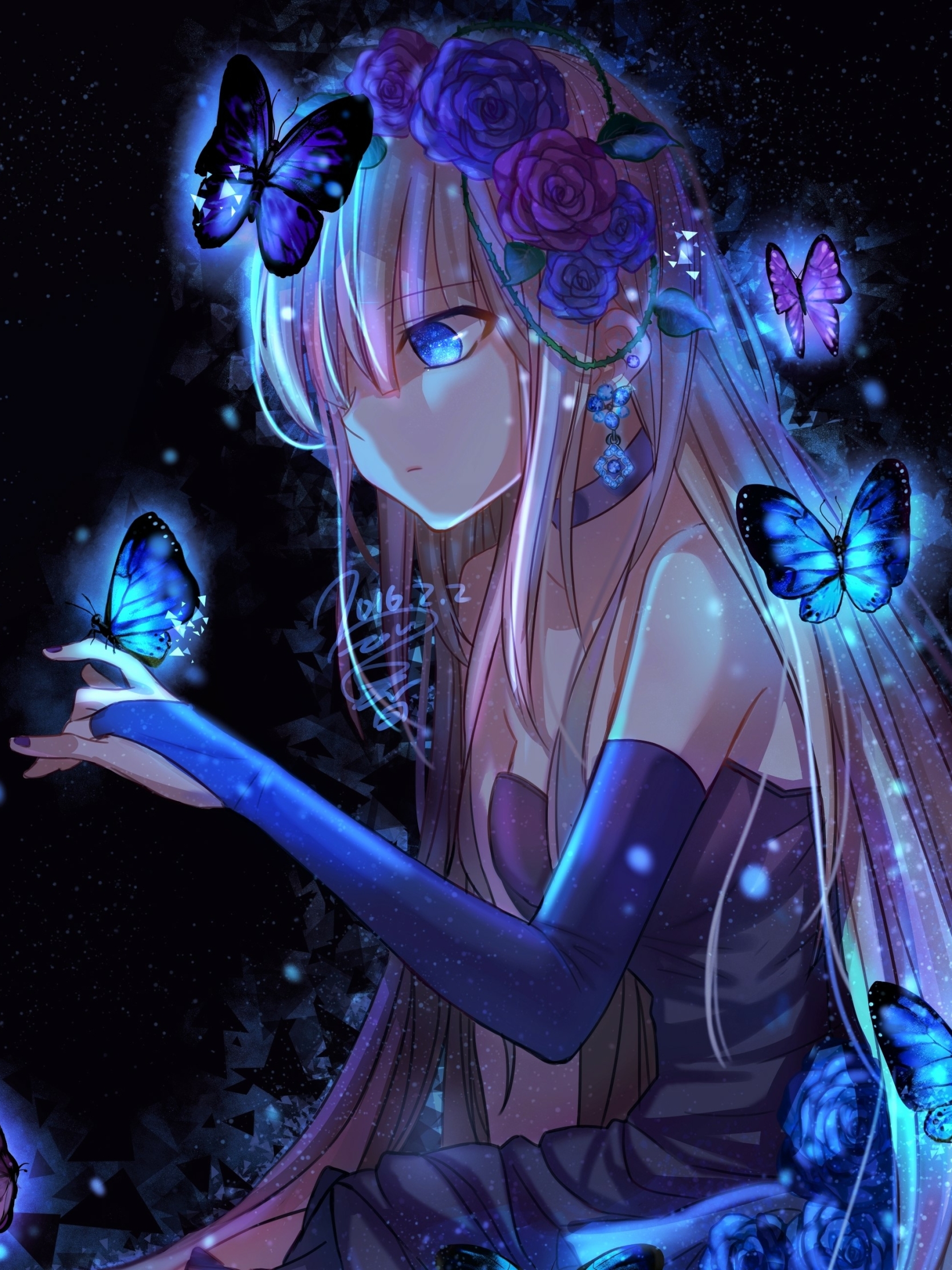 Download mobile wallpaper Anime, Flower, Butterfly, Girl, Blue Eyes, Long Hair for free.