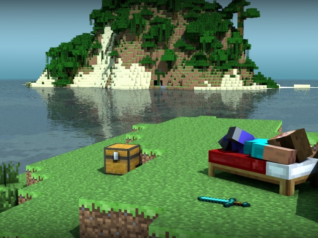 video game, minecraft, bed, steve (minecraft), island, chest