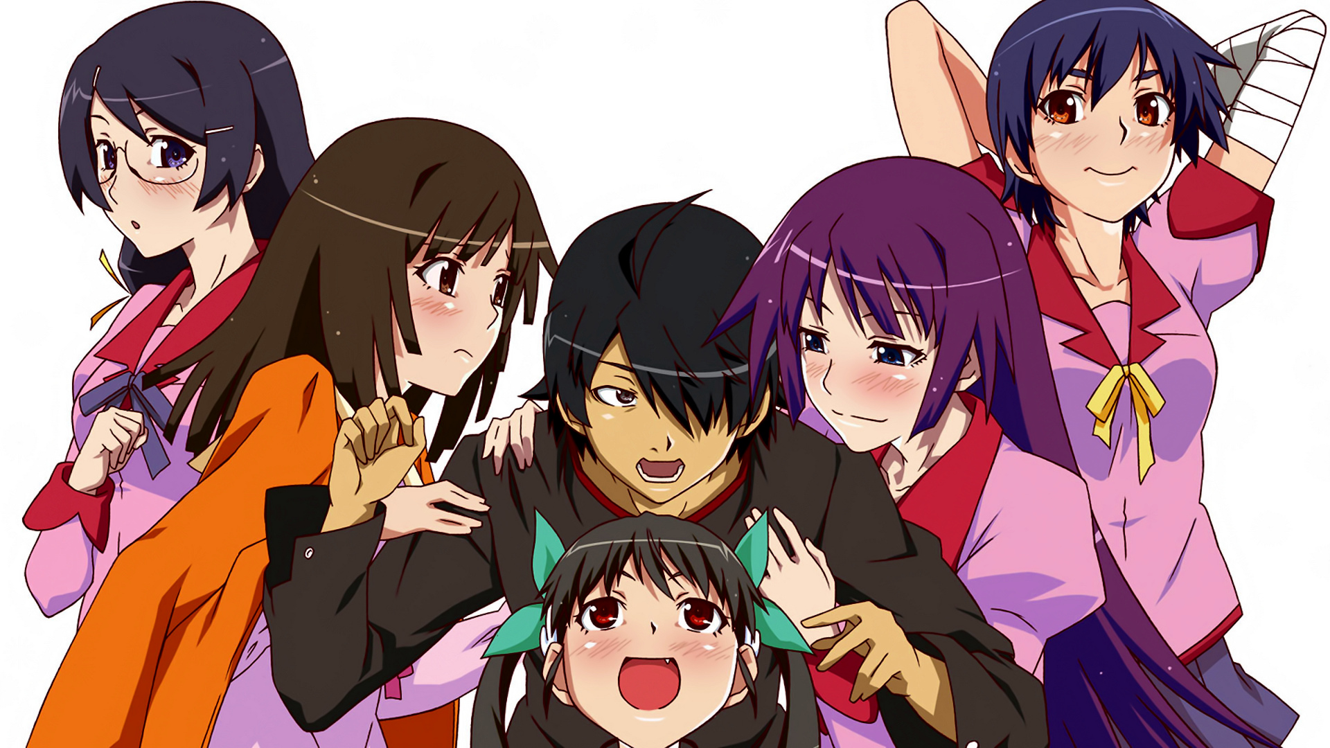 anime, monogatari (series), black hair, hitagi senjōgahara, koyomi araragi, mayoi hachikuji, nadeko sengoku, short hair, suruga kanbaru, tsubasa hanekawa