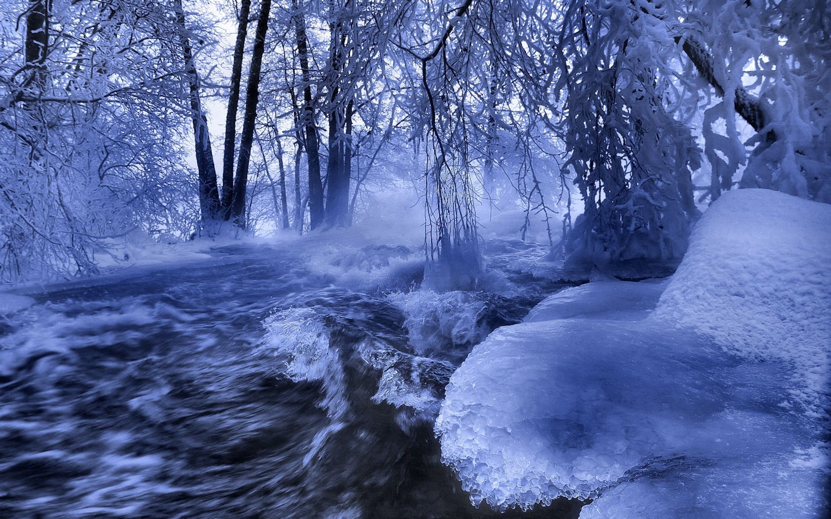 Free download wallpaper Nature, Water, Rivers, Trees, Branches, Flow, Hoarfrost, Frost, Stream, Ice, Branch, Waves on your PC desktop
