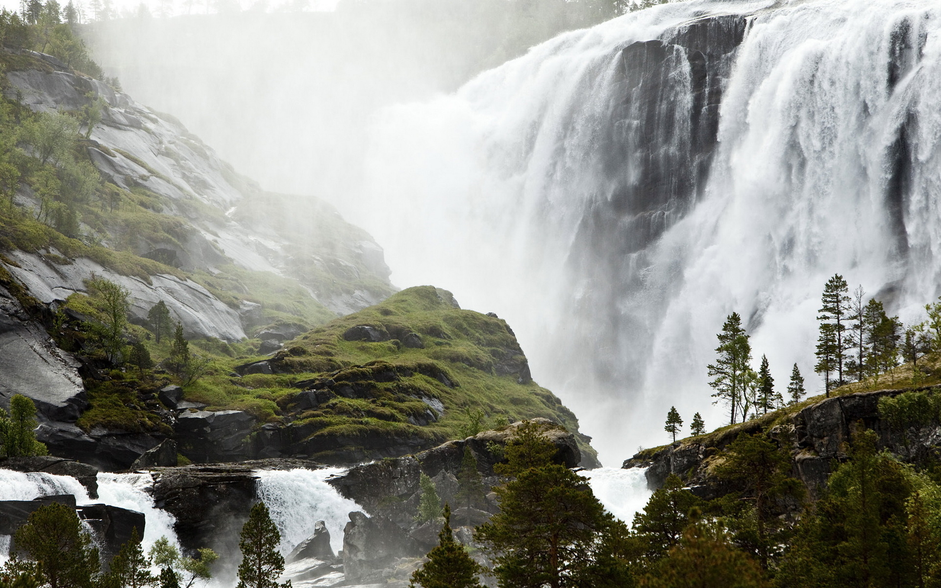 Download mobile wallpaper Nature, Waterfalls, Mountain, Waterfall, Forest, Earth, Norway for free.