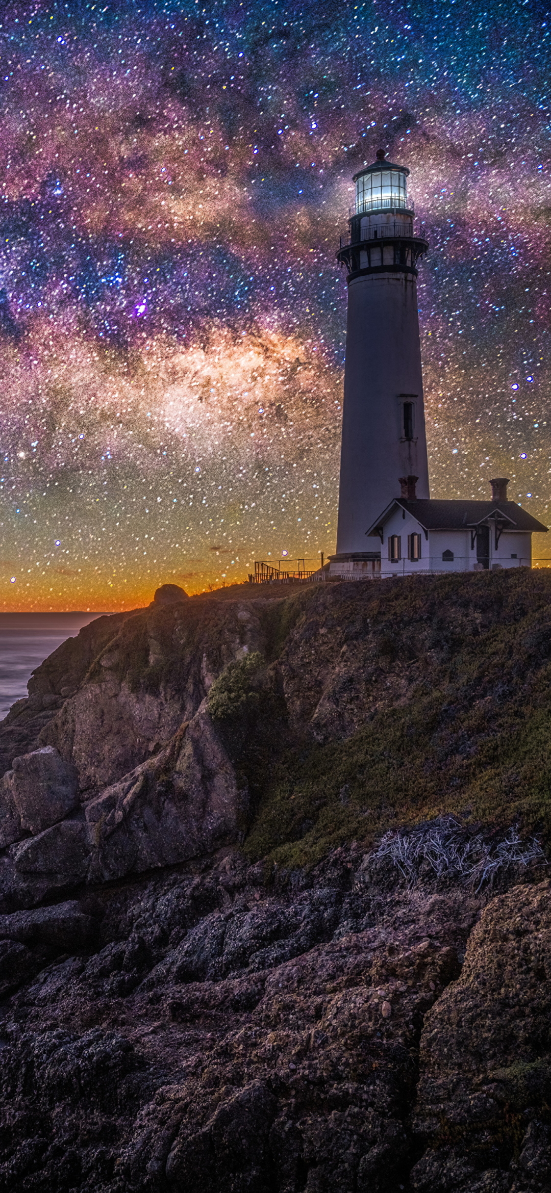 Download mobile wallpaper Night, Starry Sky, Lighthouse, Man Made for free.