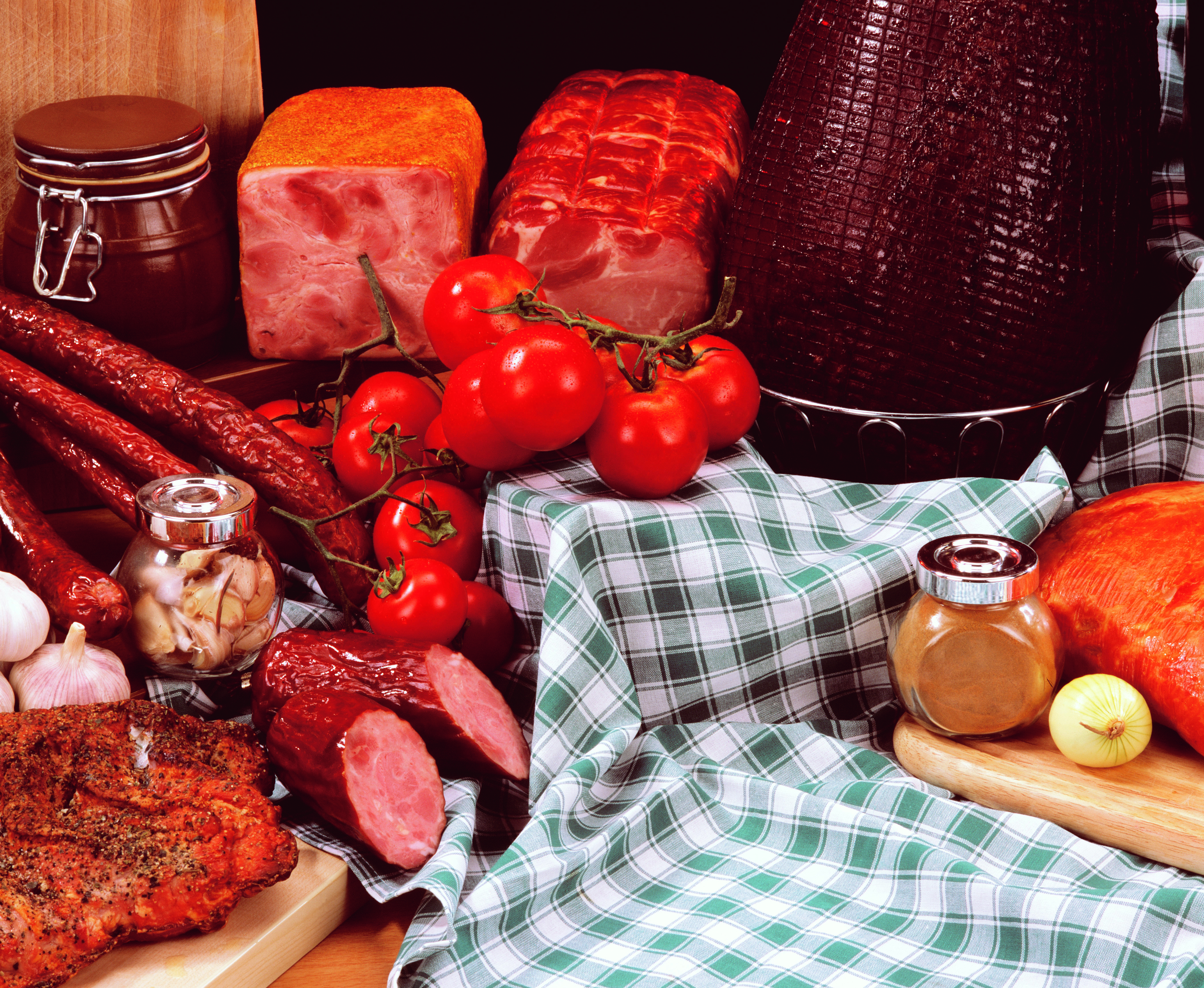 Download mobile wallpaper Food, Meat, Still Life, Tomato, Sausage for free.