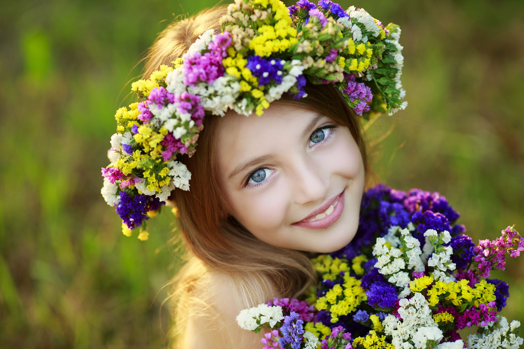 bouquet, photography, child, blue eyes, colorful, face, flower, smile, wreath