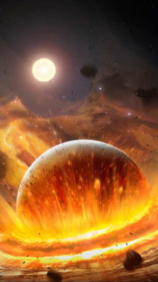 Download mobile wallpaper Moon, Planet, Explosion, Sci Fi, Collision, Asteroid for free.