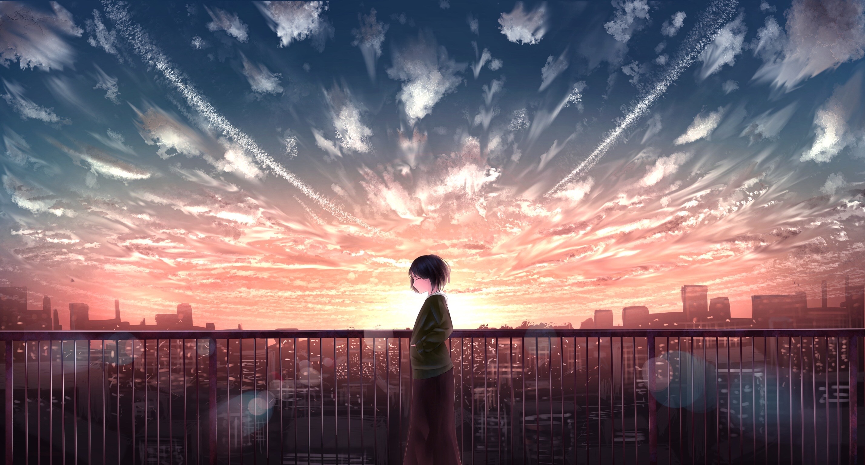 Handy-Wallpaper Mädchen, Stadtbild, Himmel, Sonnenuntergang, Animes kostenlos herunterladen.