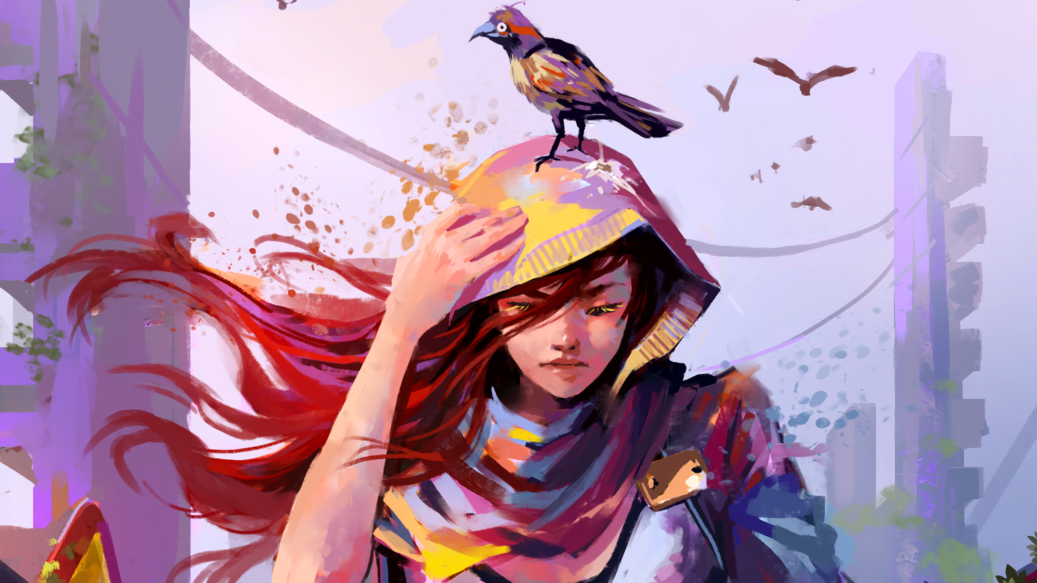 Download mobile wallpaper Fantasy, Bird, Hood, Women, Long Hair, Red Hair for free.