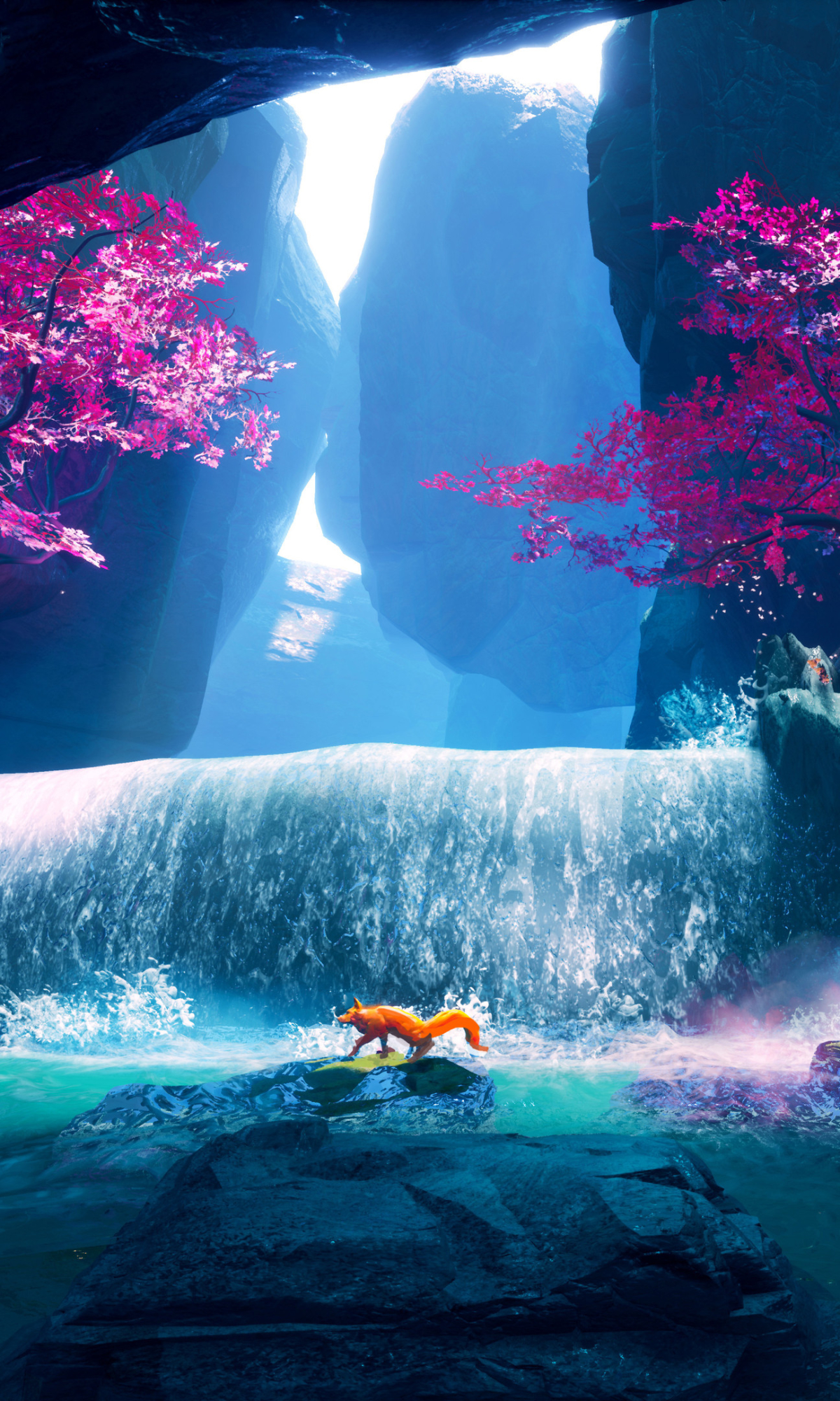 Download mobile wallpaper Fantasy, Fox, Waterfall, Fantasy Animals for free.