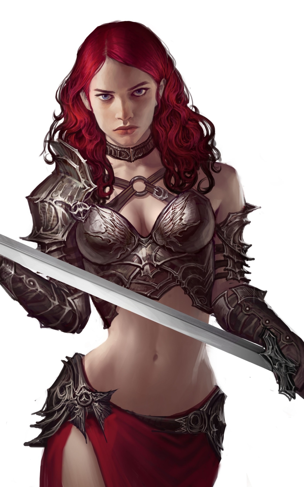 無料モバイル壁紙ファンタジー, 赤毛, 青い目, 剣, 女戦士をダウンロードします。