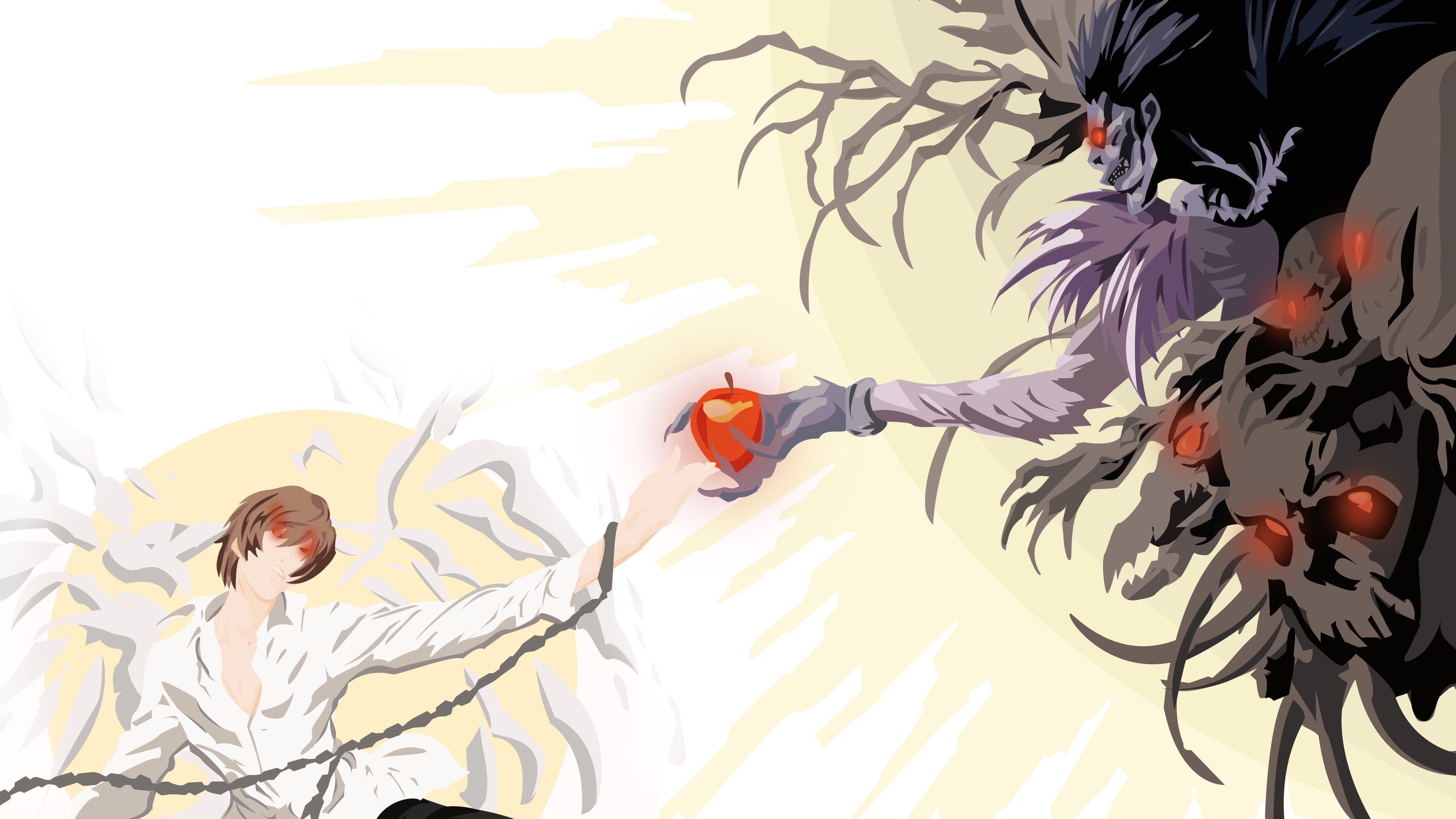 anime, death note, apple, black hair, brown hair, chain, glowing eyes, kira (death note), light yagami, red eyes, ryuk (death note), shinigami, smile