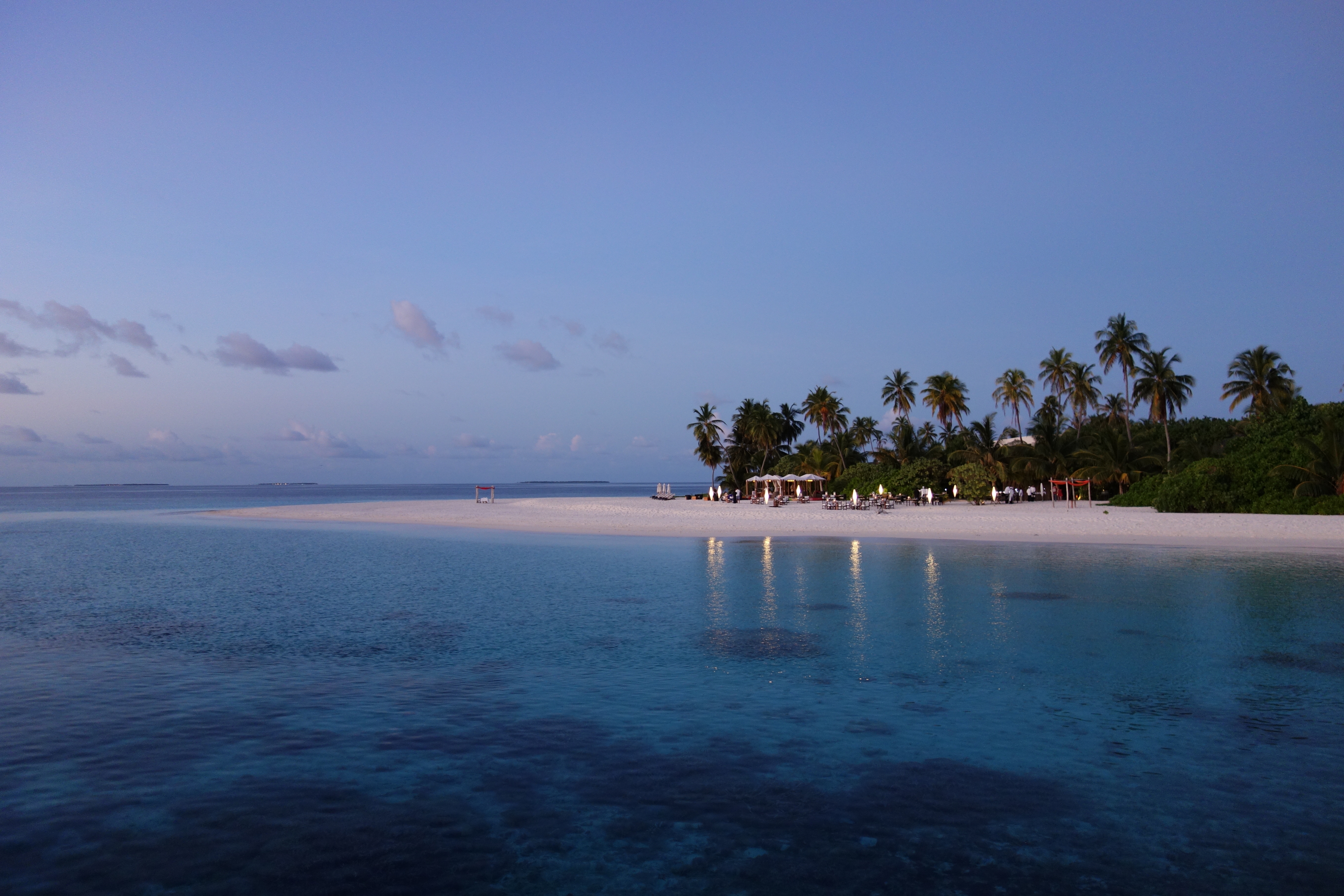 Скачать картинку Вечер, Мальдивы, Пляж, Тропики, Пальмы, Природа в телефон бесплатно.