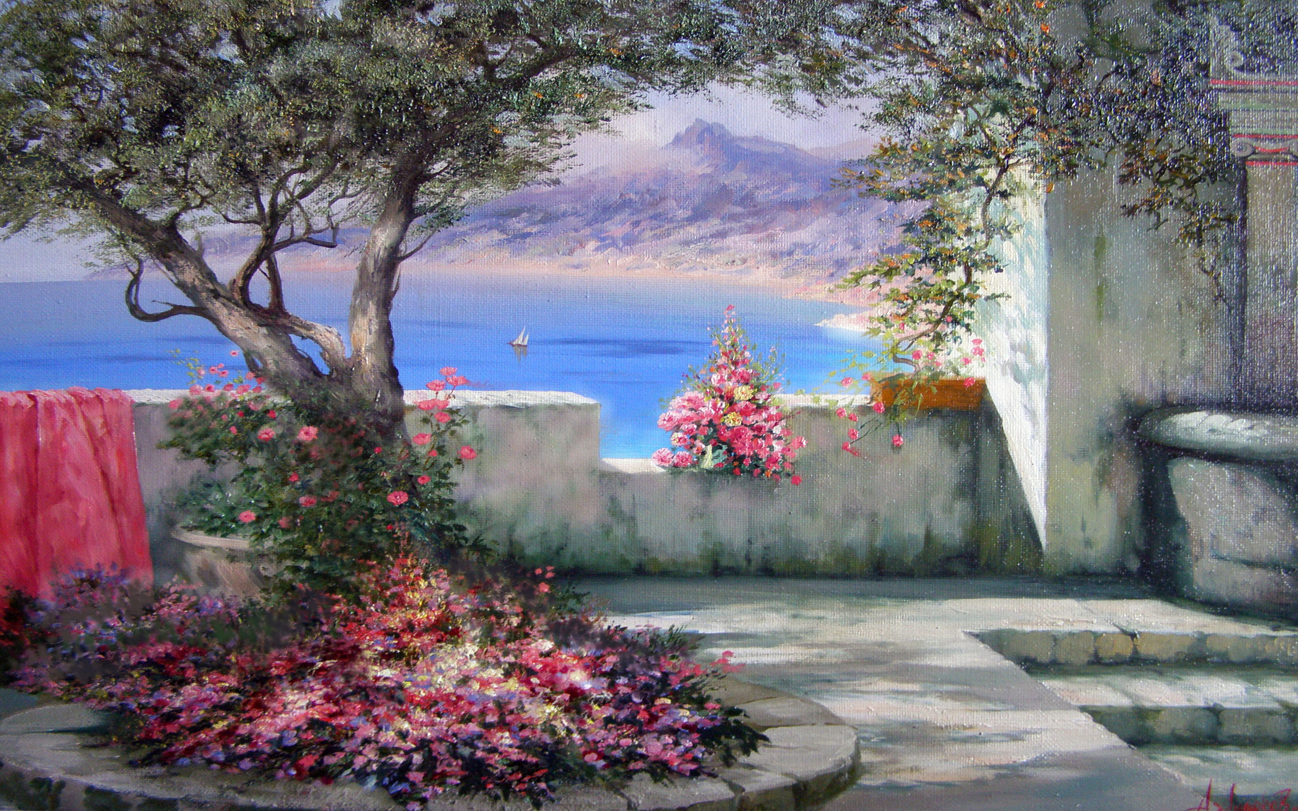 artistic, painting, colorful, courtyard, ocean