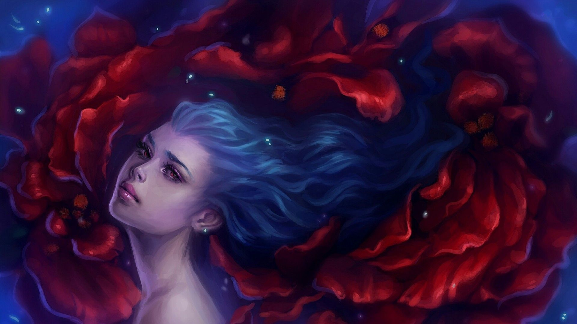 Download mobile wallpaper Fantasy, Flower, Rose, Women, Blue Hair for free.