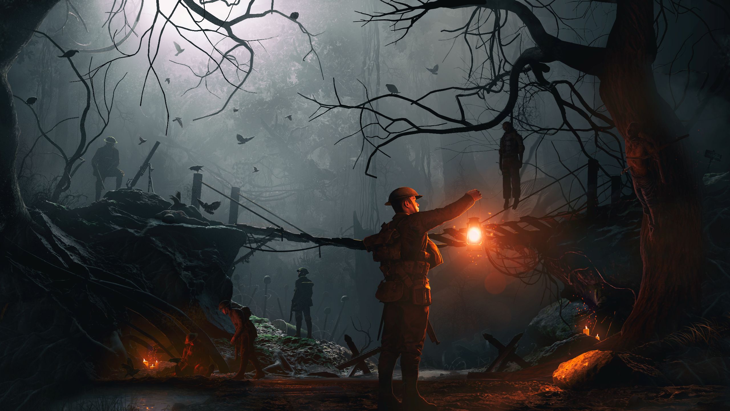 Free download wallpaper Dark, Forest, Fog, Lantern, Military, Soldier on your PC desktop