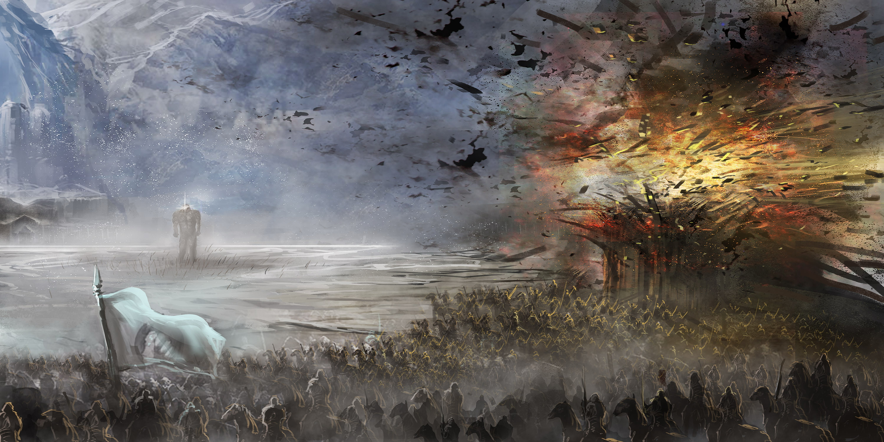 Download mobile wallpaper Fantasy, Explosion, Warrior, Horse, Battle, Giant, Army for free.