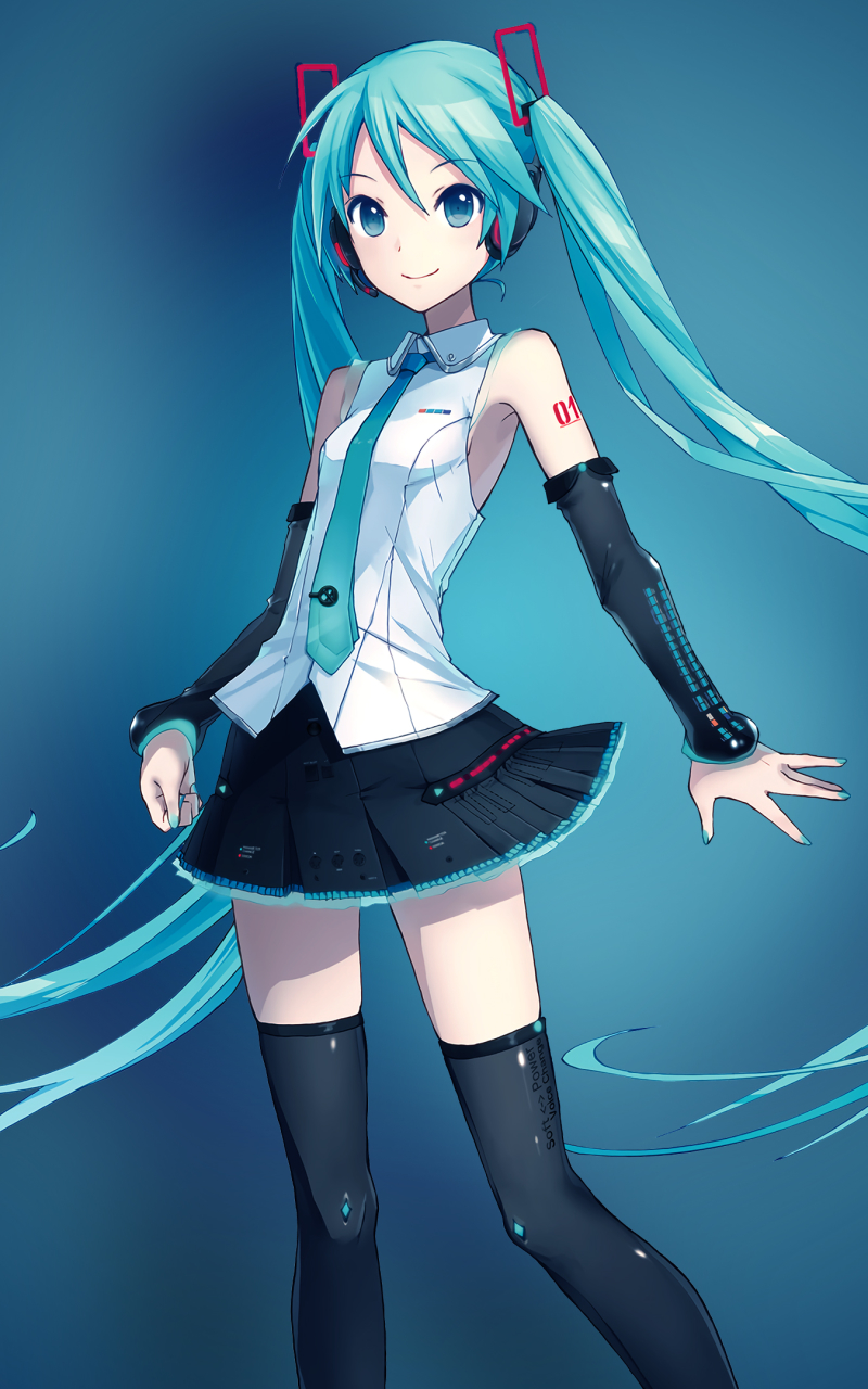 Download mobile wallpaper Anime, Vocaloid, Skirt, Tie, Hatsune Miku, Long Hair, Thigh Highs, Aqua Eyes, Aqua Hair, Twintails for free.