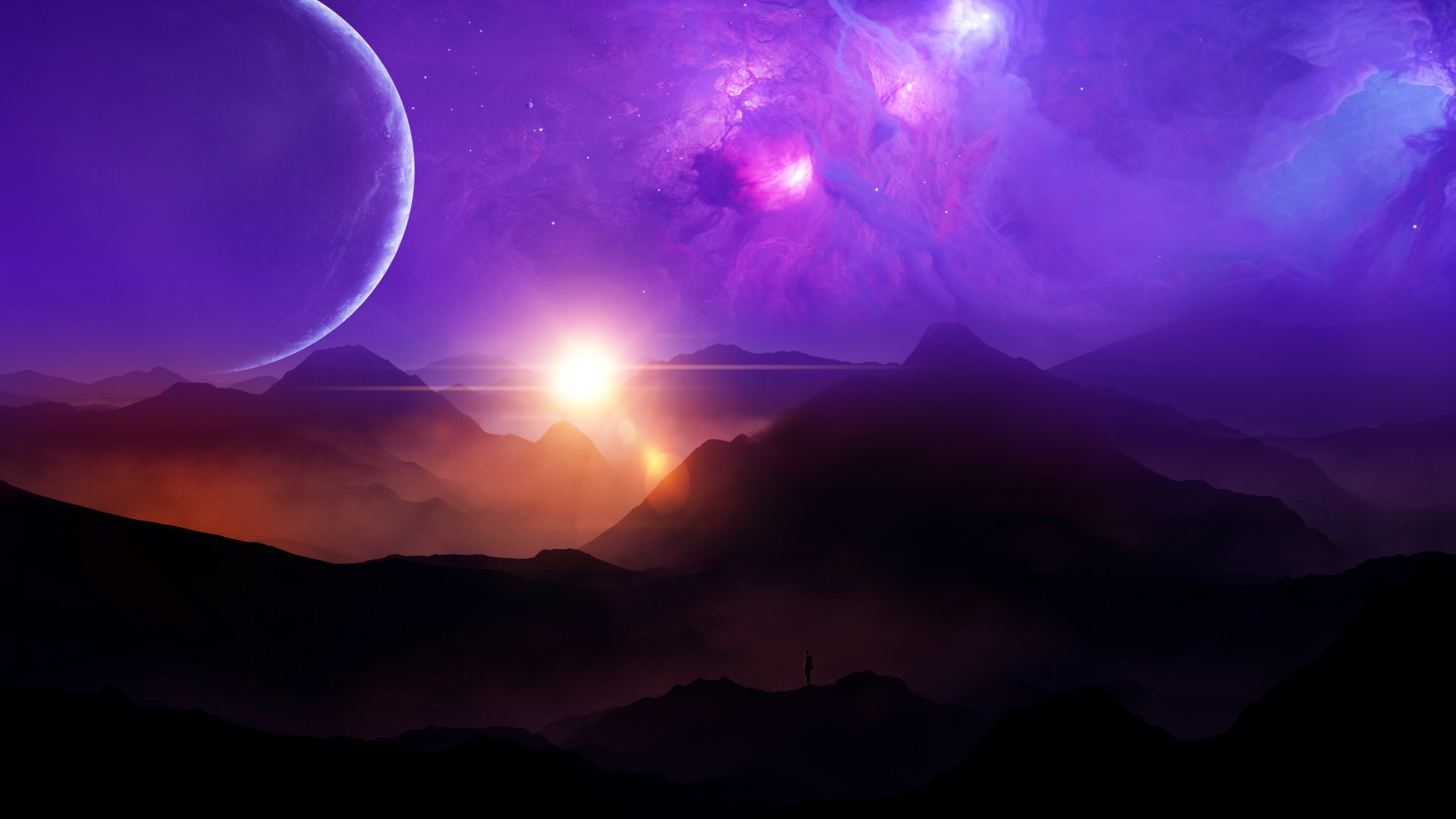Download mobile wallpaper Landscape, Sunset, Mountain, Nebula, Purple, Planet, Sci Fi, Sunlight for free.