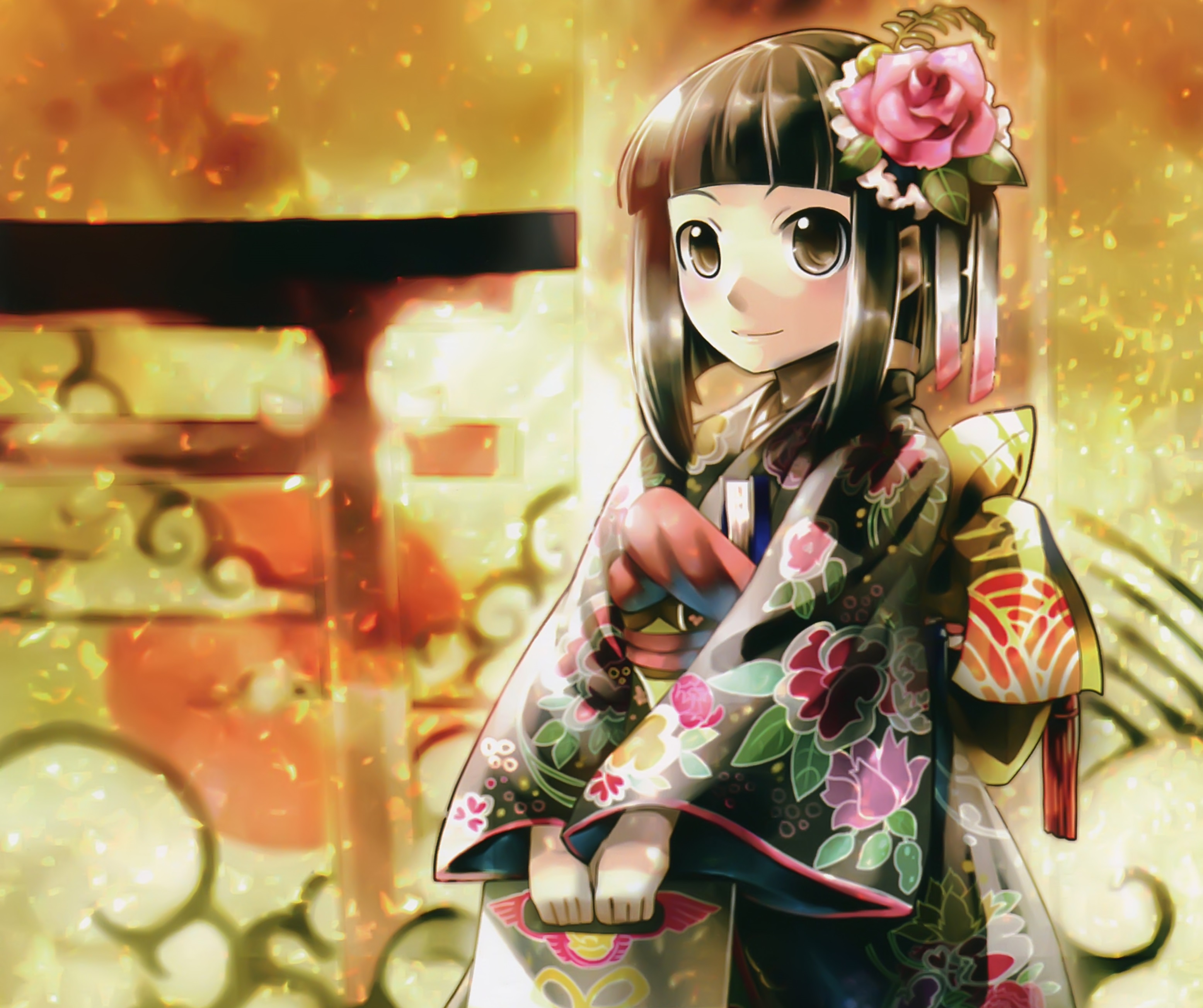 Laden Sie das Blume, Lächeln, Kimono, Original, Braune Augen, Animes, Schwarzes Haar, Kurzes Haar-Bild kostenlos auf Ihren PC-Desktop herunter