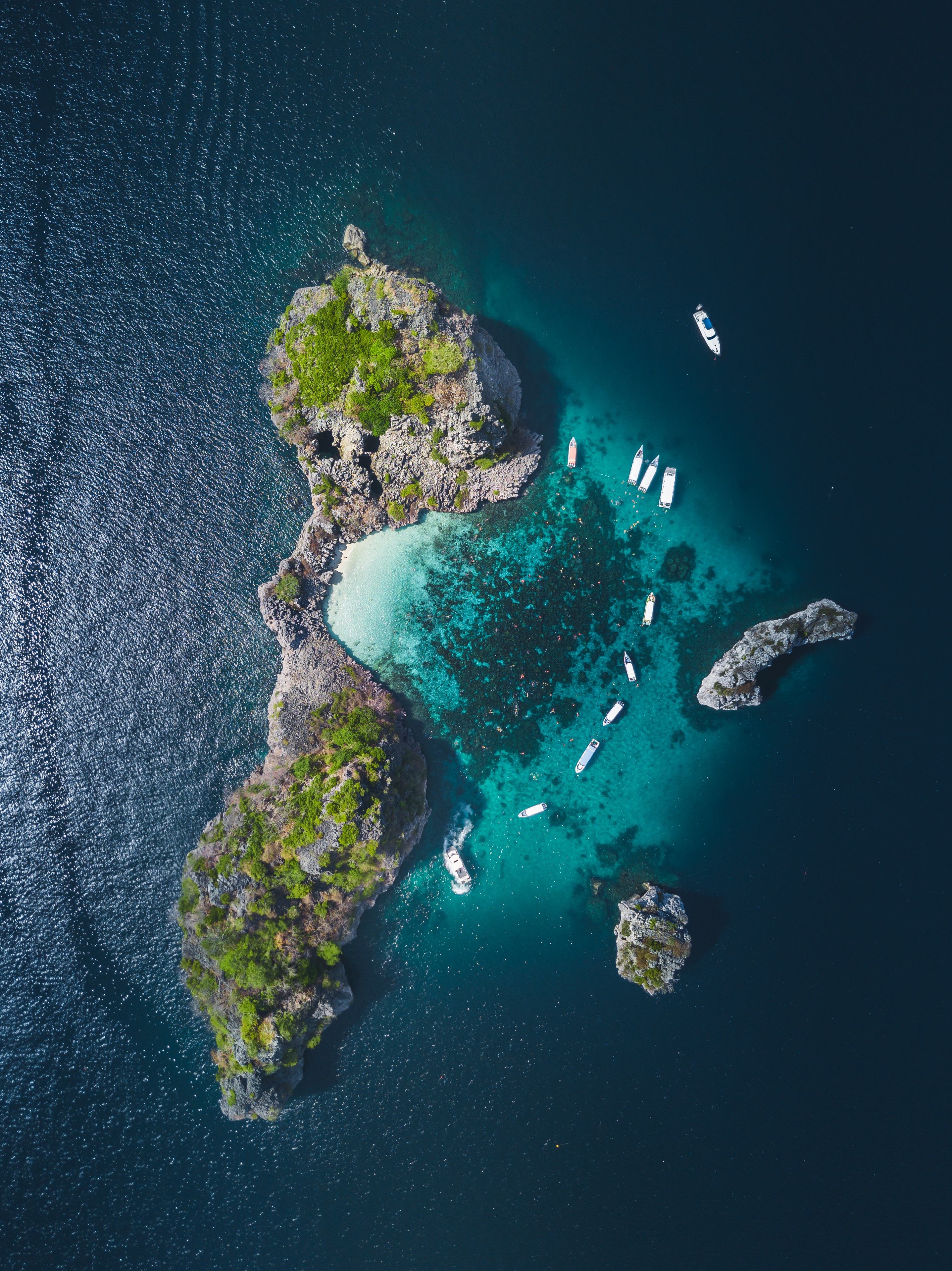 view from above, ocean, nature, water, boats, island Full HD