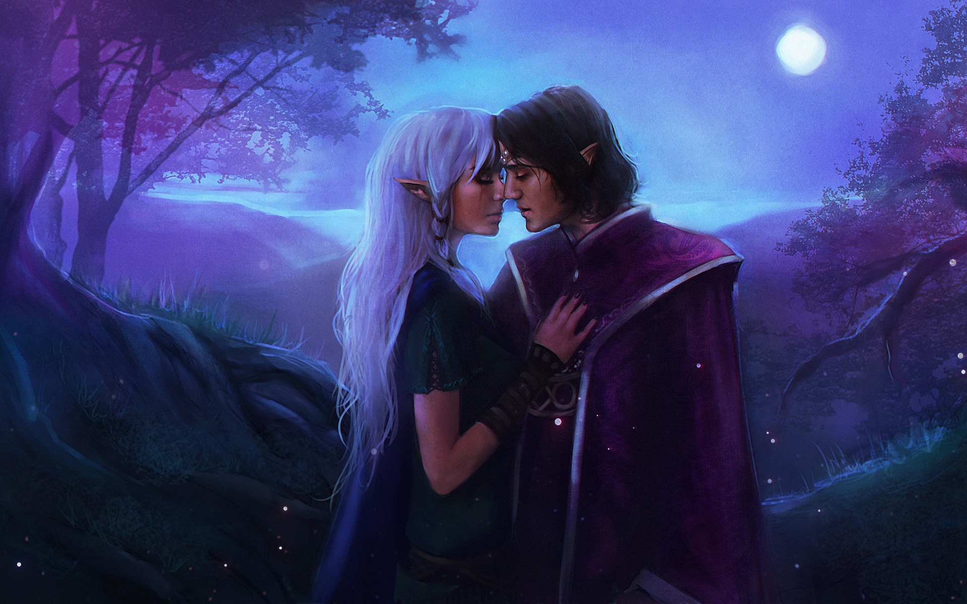 couple, fantasy, love, elf, moon, night