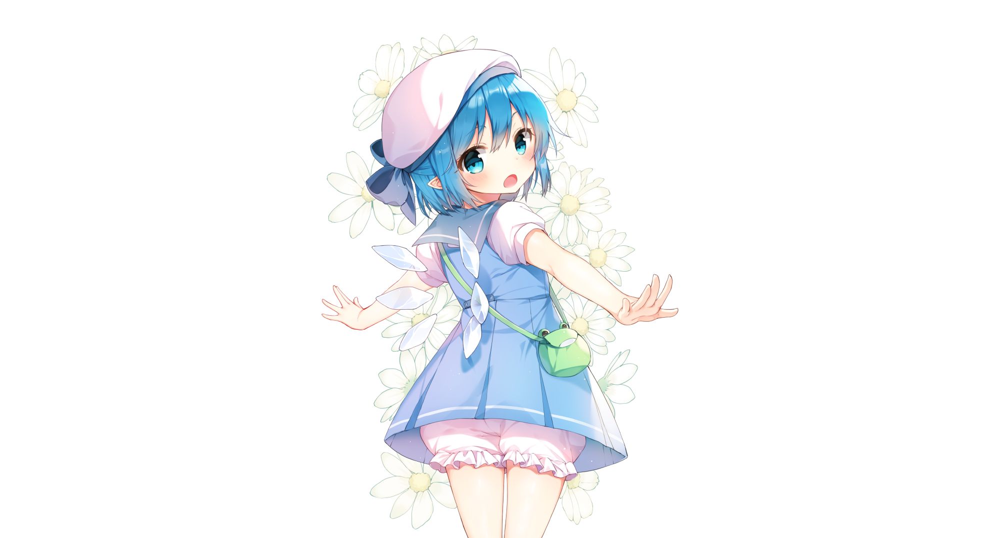 Download mobile wallpaper Anime, Flower, Wings, Hat, Fairy, Blue Eyes, Blush, Blue Hair, School Uniform, Touhou, Pointed Ears, Short Hair, Cirno (Touhou), Bow (Clothing), Bloomers for free.