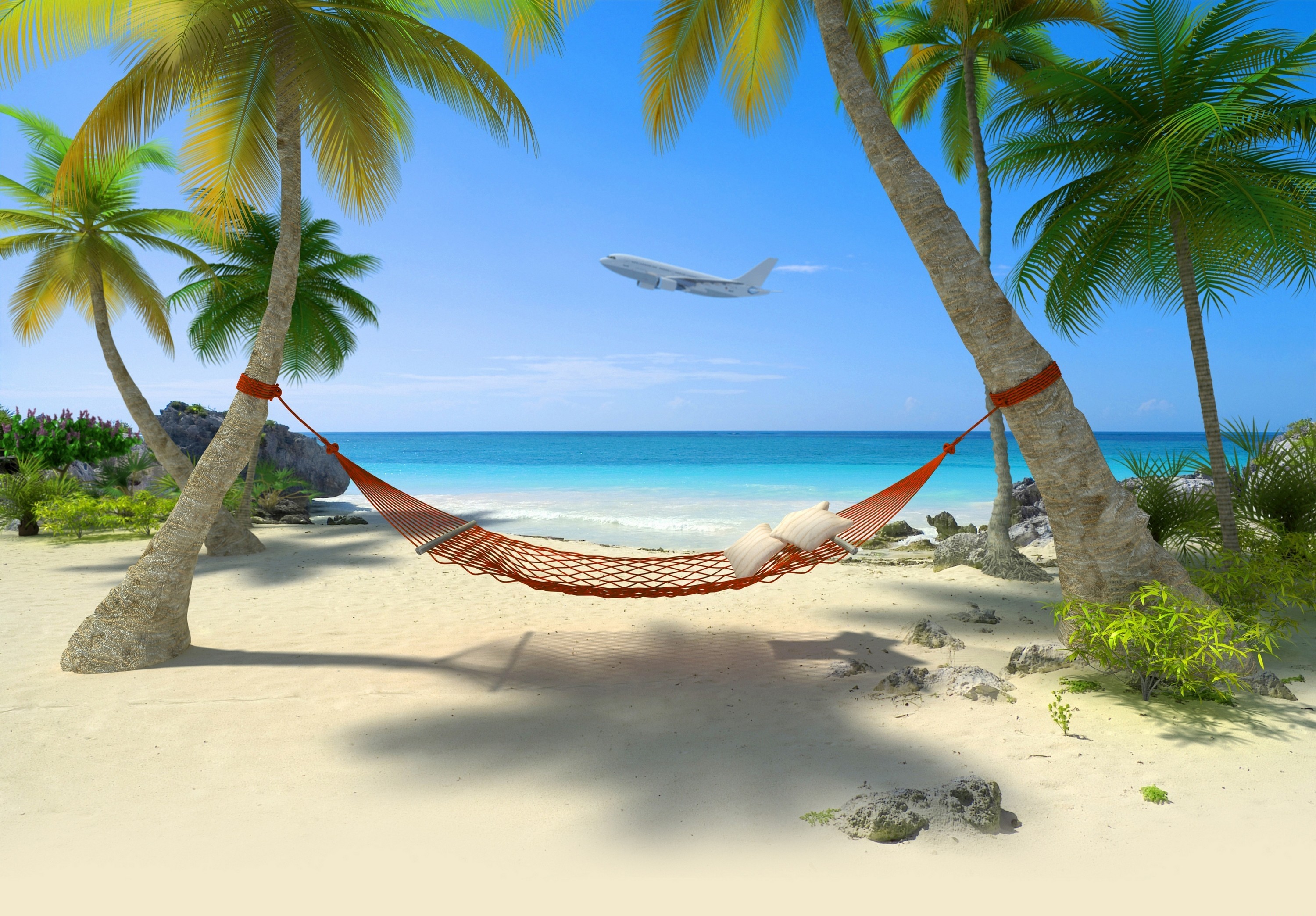 Download mobile wallpaper Sea, Beach, Holiday, Tropics, Airplane, Tropical, Photography, Palm Tree for free.