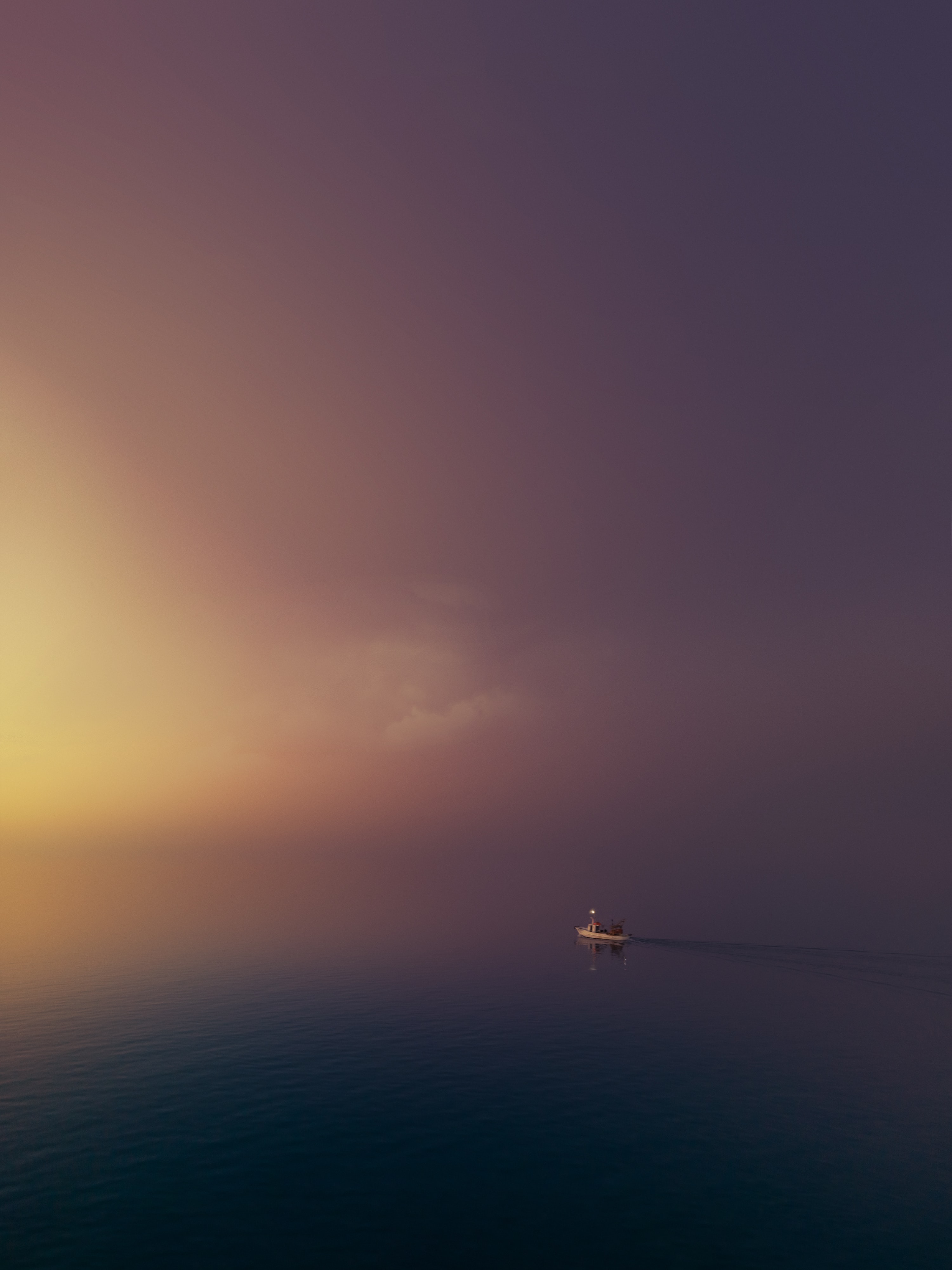 minimalism, boat, sunset, sky, water, fog QHD