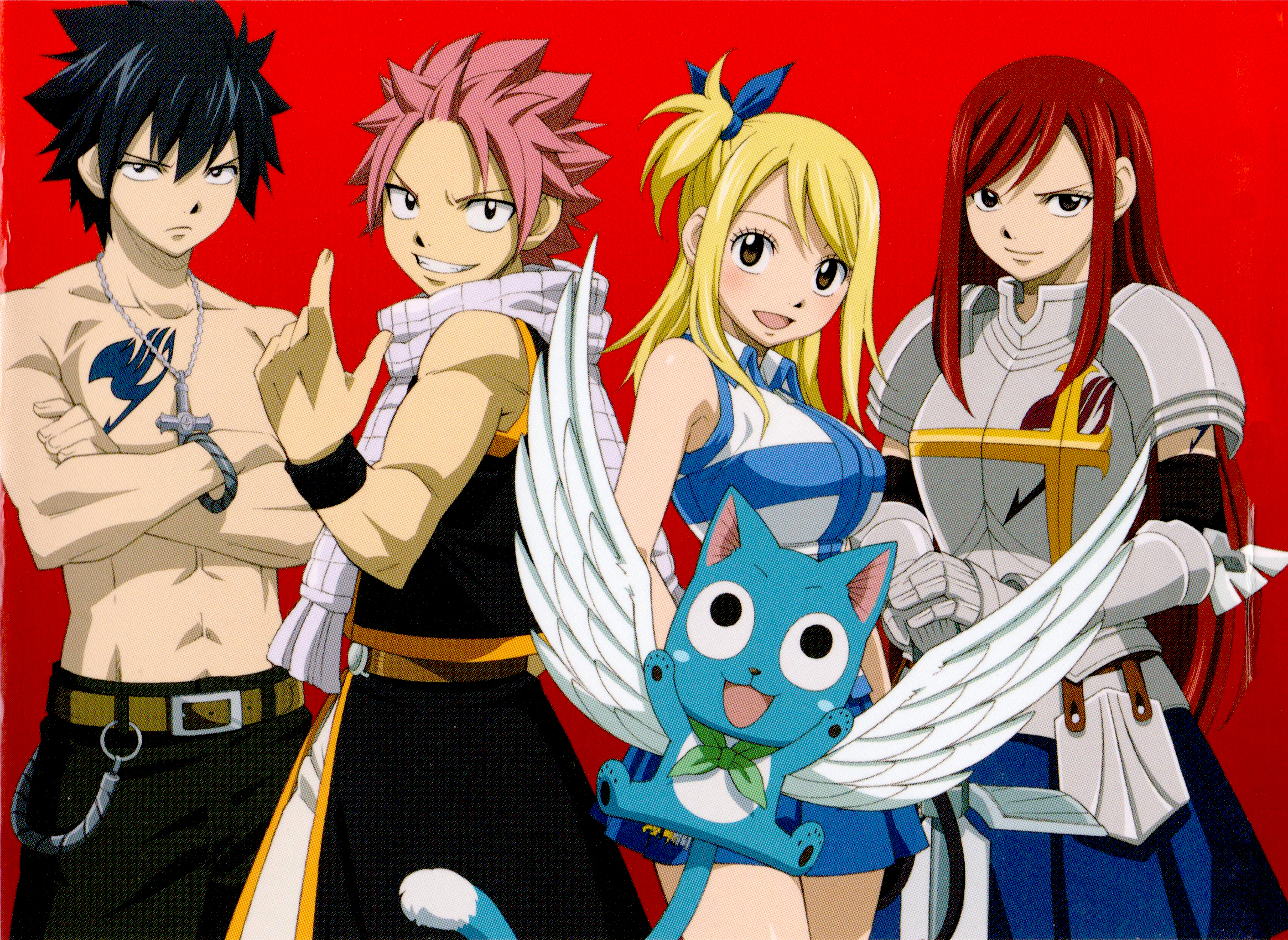 Laden Sie das Animes, Fairy Tail, Lucy Heartfilia, Natsu Dragneel, Erza Scarlet, Grauer Fullbuster, Glücklich (Fairy Tail)-Bild kostenlos auf Ihren PC-Desktop herunter