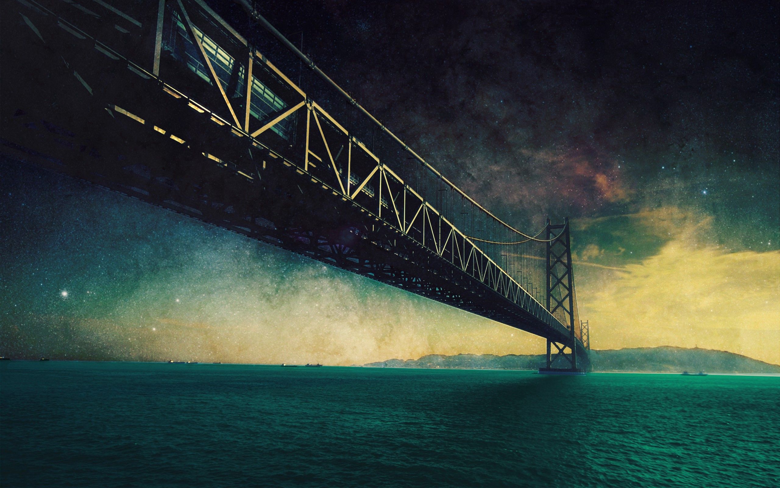 Download mobile wallpaper Sky, Bridge, Cities, Sea, Night for free.
