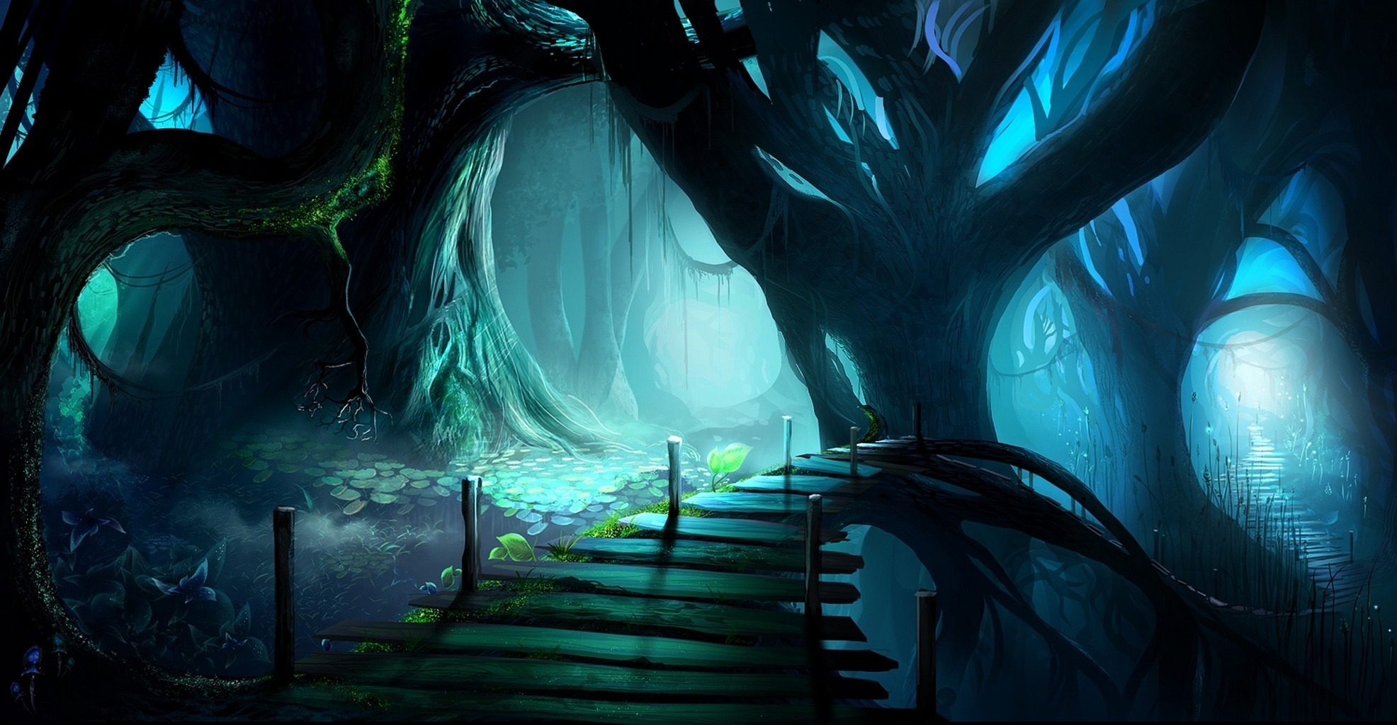 fantasy, forest, tree, bridge, dark, spooky