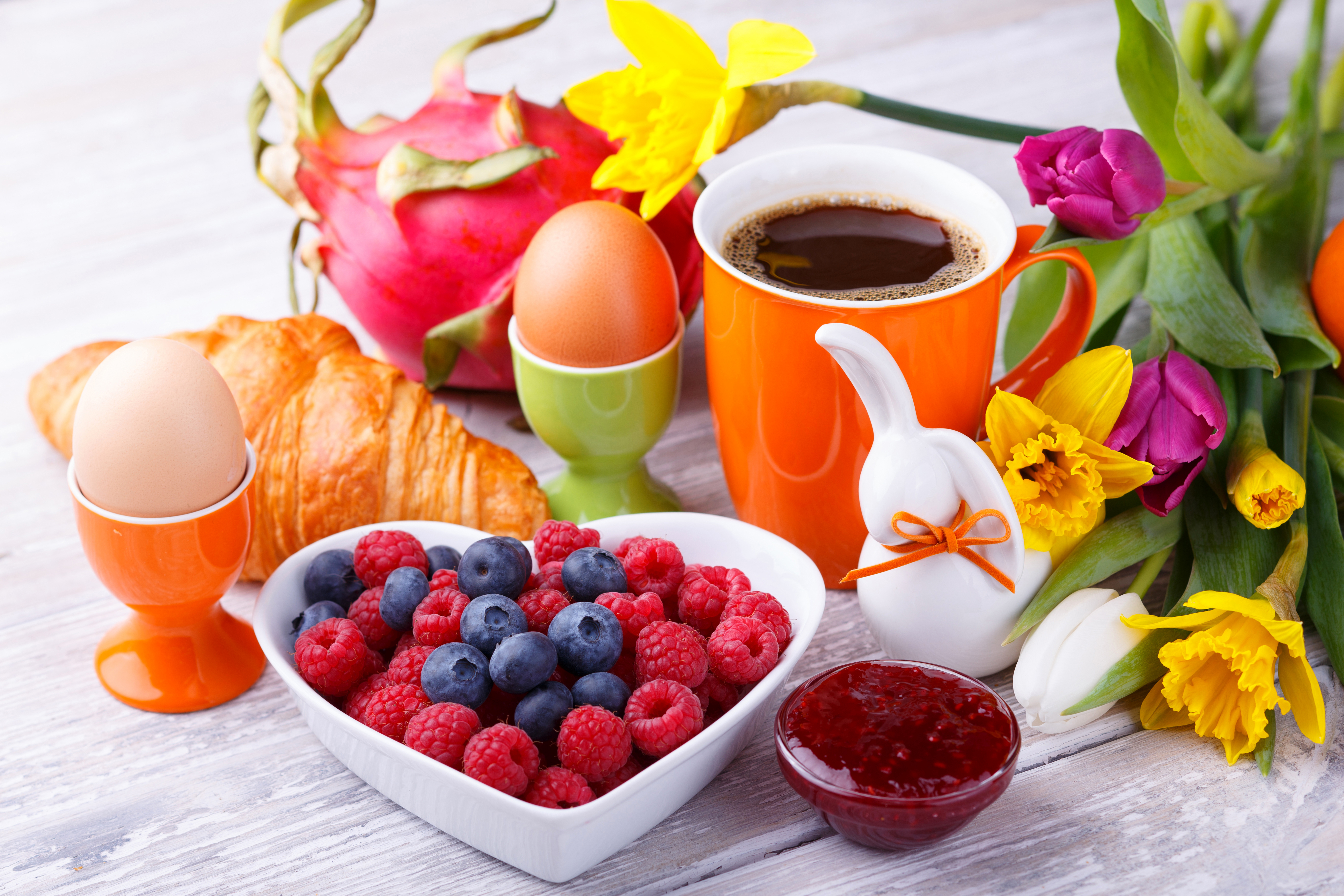 Download mobile wallpaper Food, Blueberry, Raspberry, Coffee, Flower, Berry, Jam, Egg, Breakfast, Croissant for free.