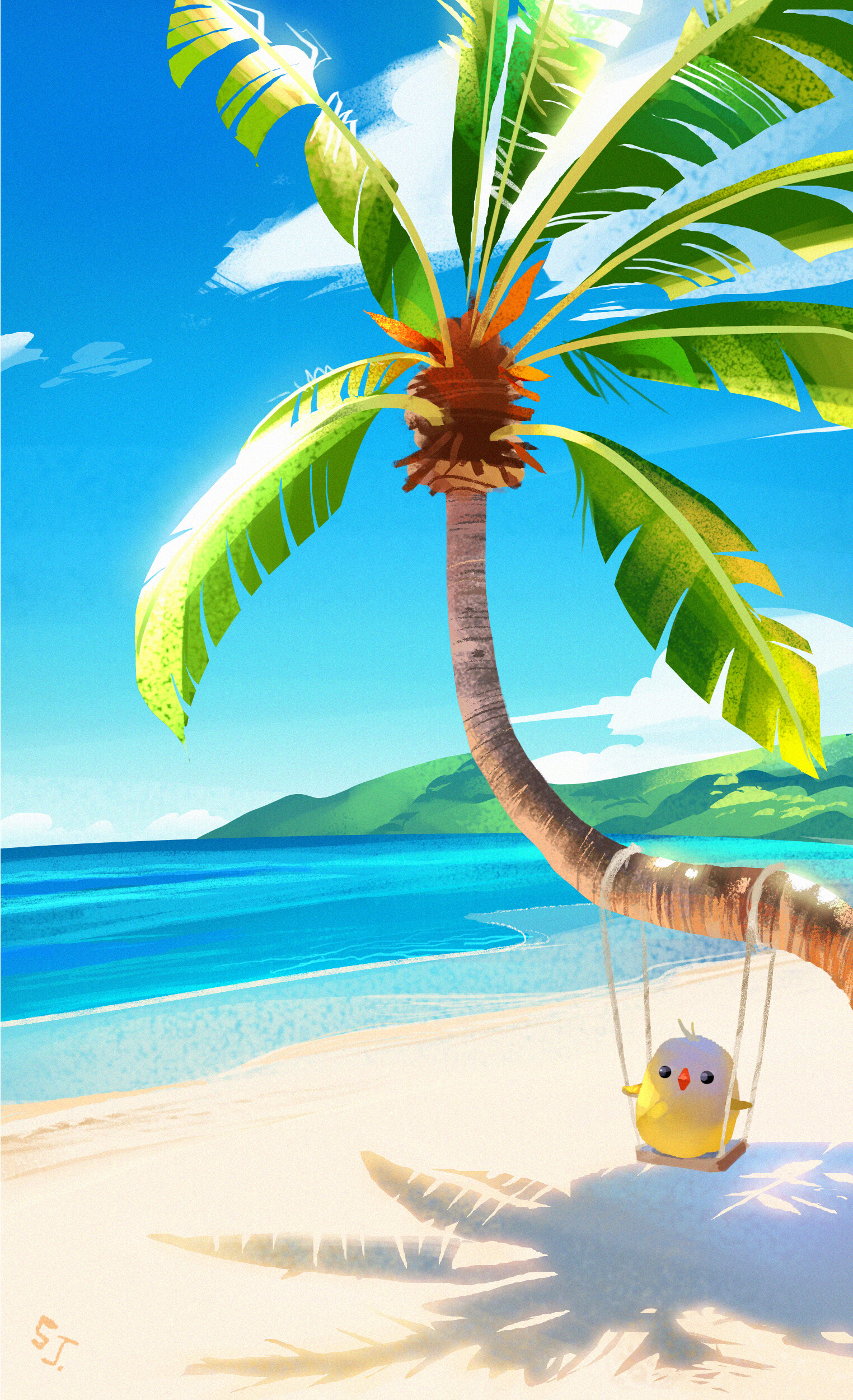 Free download wallpaper Palm, Swing, Bird, Art, Beach on your PC desktop