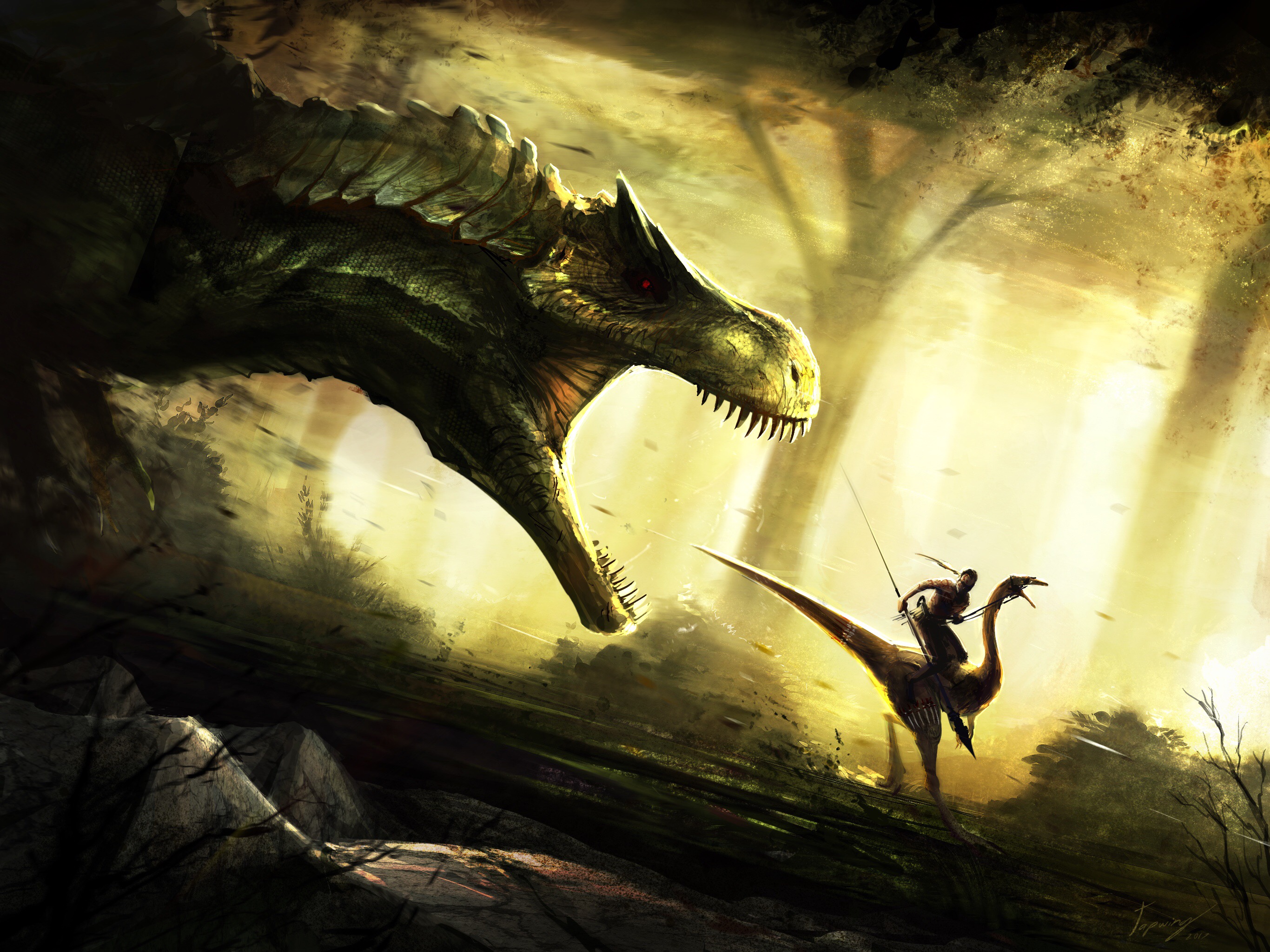 Free download wallpaper Fantasy, Warrior, Dinosaur, Tyrannosaurus Rex, Lance on your PC desktop