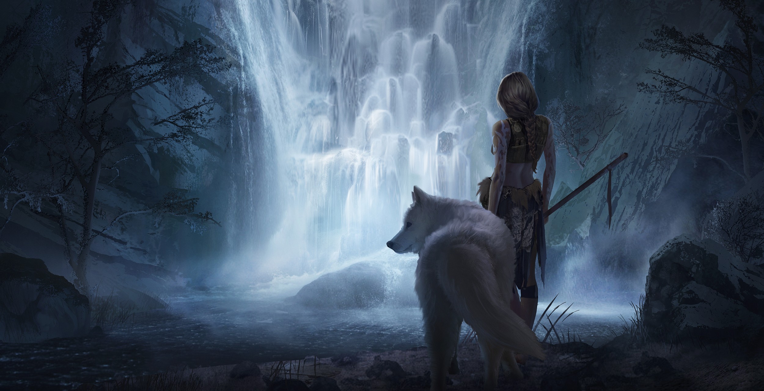 723805 descargar fondo de pantalla animado, la princesa mononoke, fantasía, cascada, lobo, mujer guerrera: protectores de pantalla e imágenes gratis