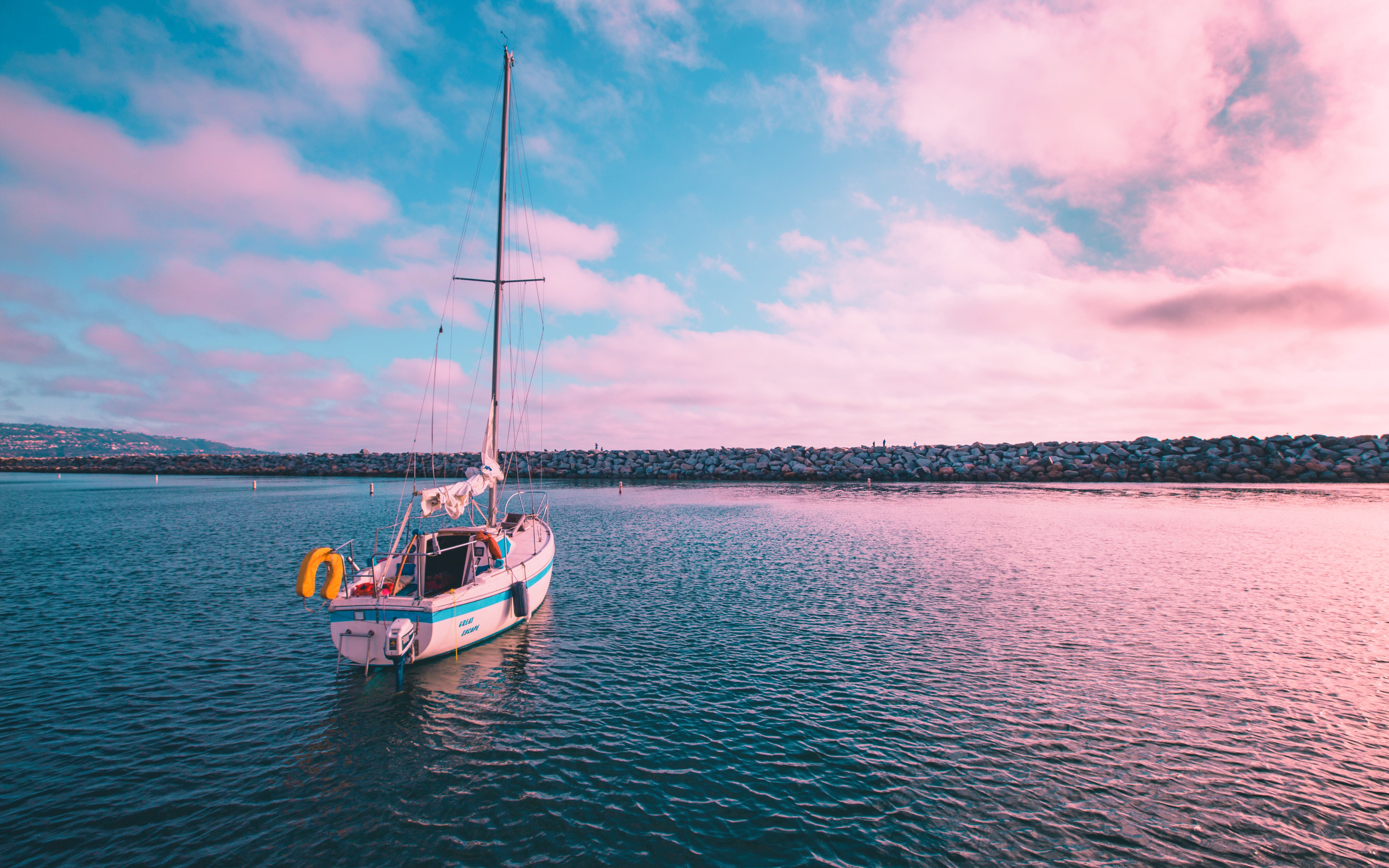 Laden Sie das Sunset, Horizont, Ein Boot, Boot, Kalifornien, Natur, Rosa-Bild kostenlos auf Ihren PC-Desktop herunter