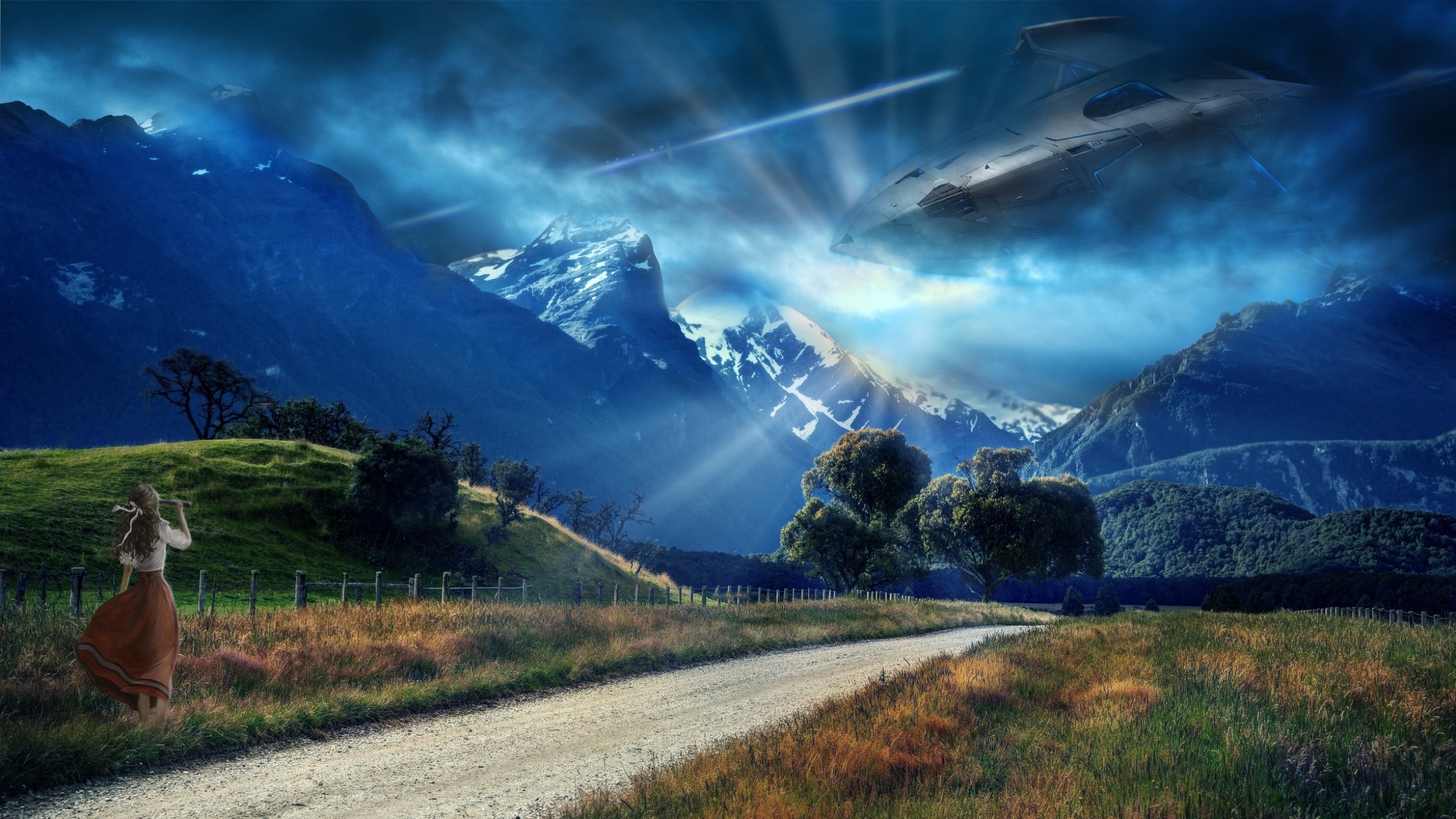 Download mobile wallpaper Landscape, Fantasy, Mountain, Road, Tree, Fence, Sci Fi, Spaceship for free.