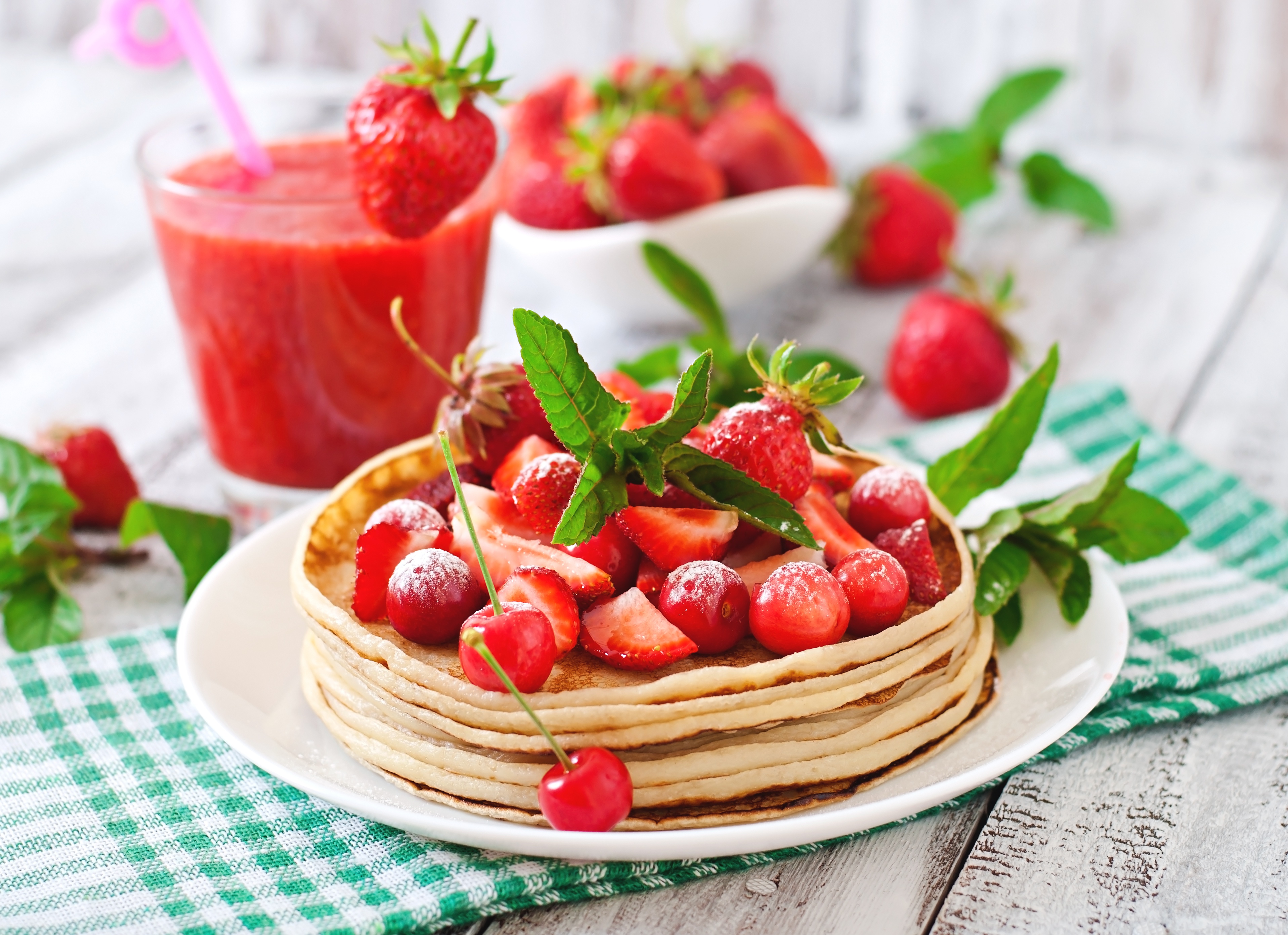 Free download wallpaper Food, Strawberry, Cherry, Still Life, Berry, Breakfast, Smoothie, Pancake on your PC desktop