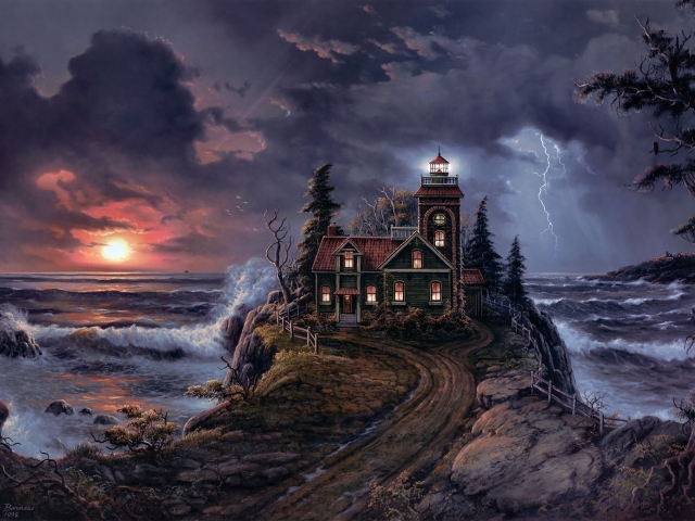 Free download wallpaper Sunset, Sea, Coast, Road, Lighthouse, Storm, Artistic on your PC desktop